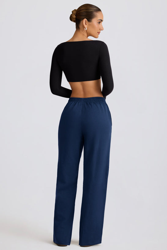 Mid-Rise Wide-Leg Joggers in Dark Navy