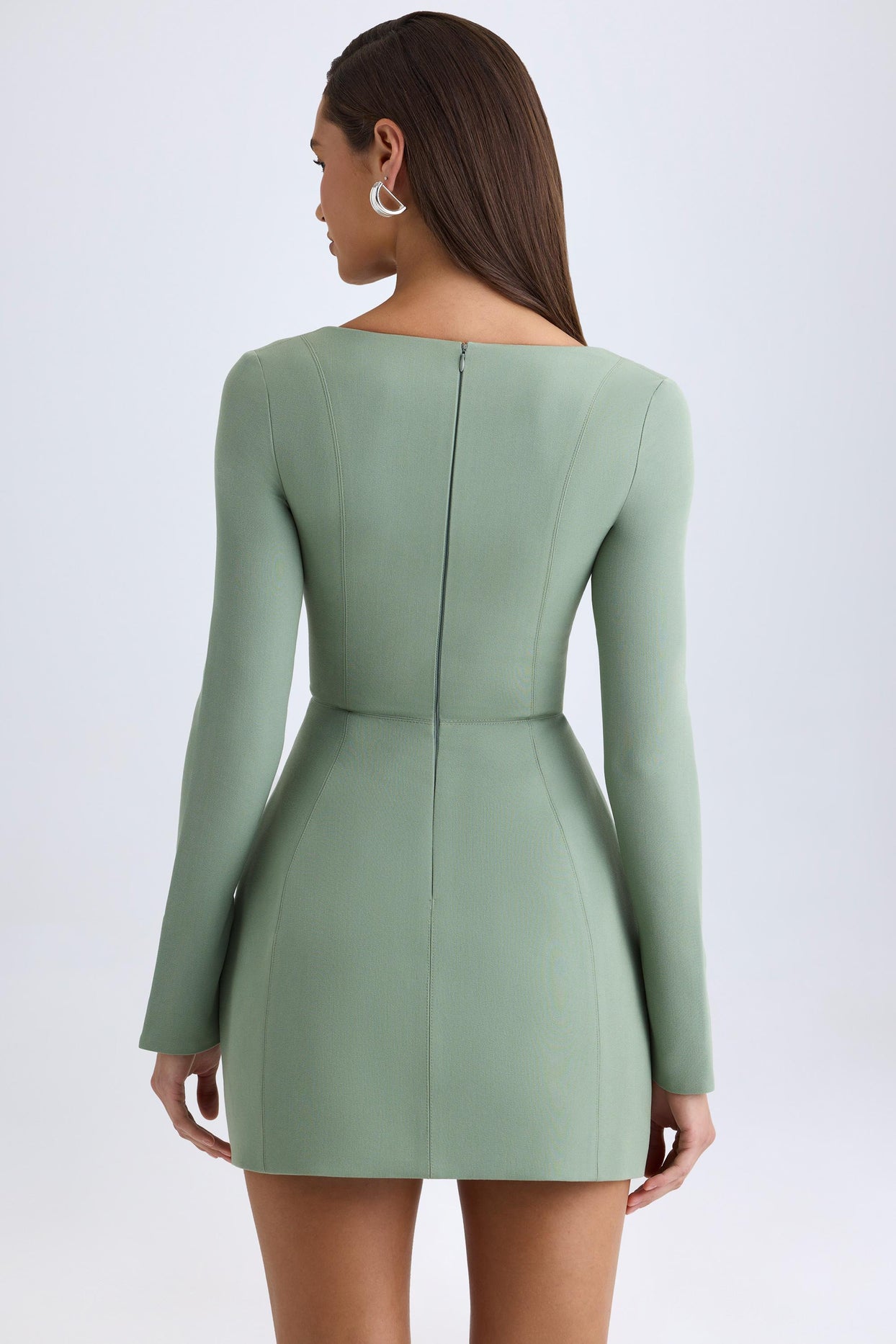 Square-Neck Structured Tulip Mini Dress in Khaki Green - 3