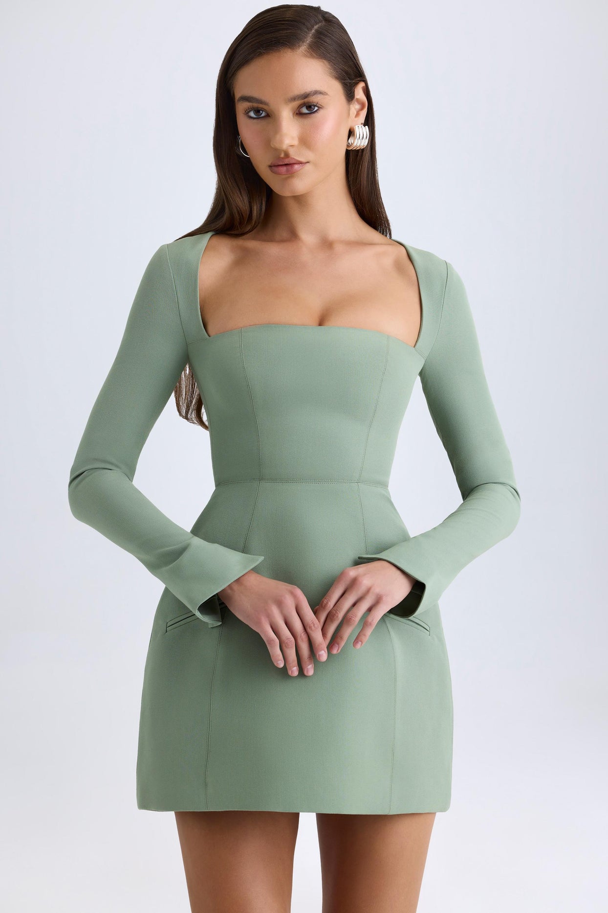 Square-Neck Structured Tulip Mini Dress in Khaki Green - 6