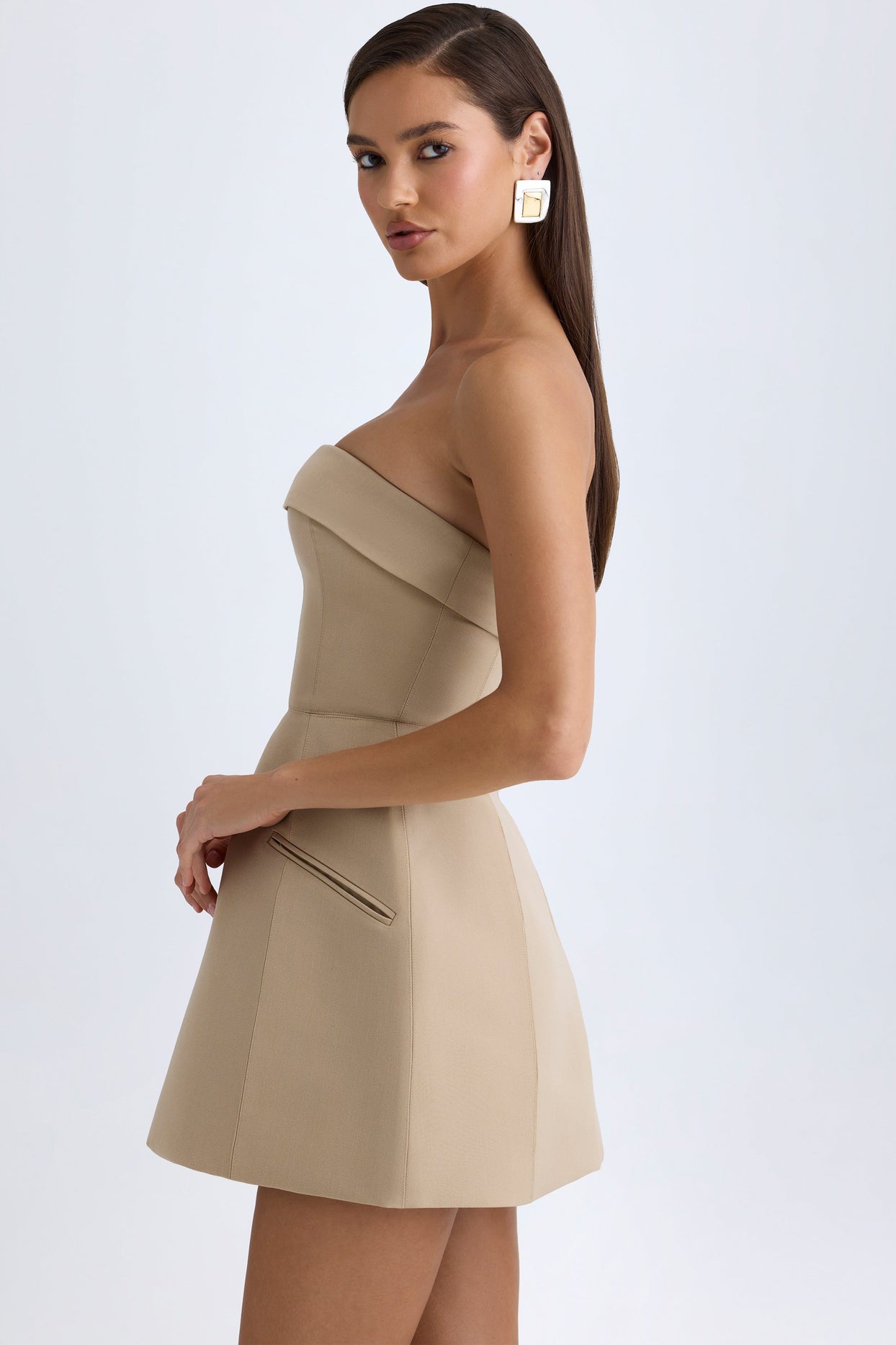 Foldover-Neck Structured Tulip Mini Dress in Camel - 4
