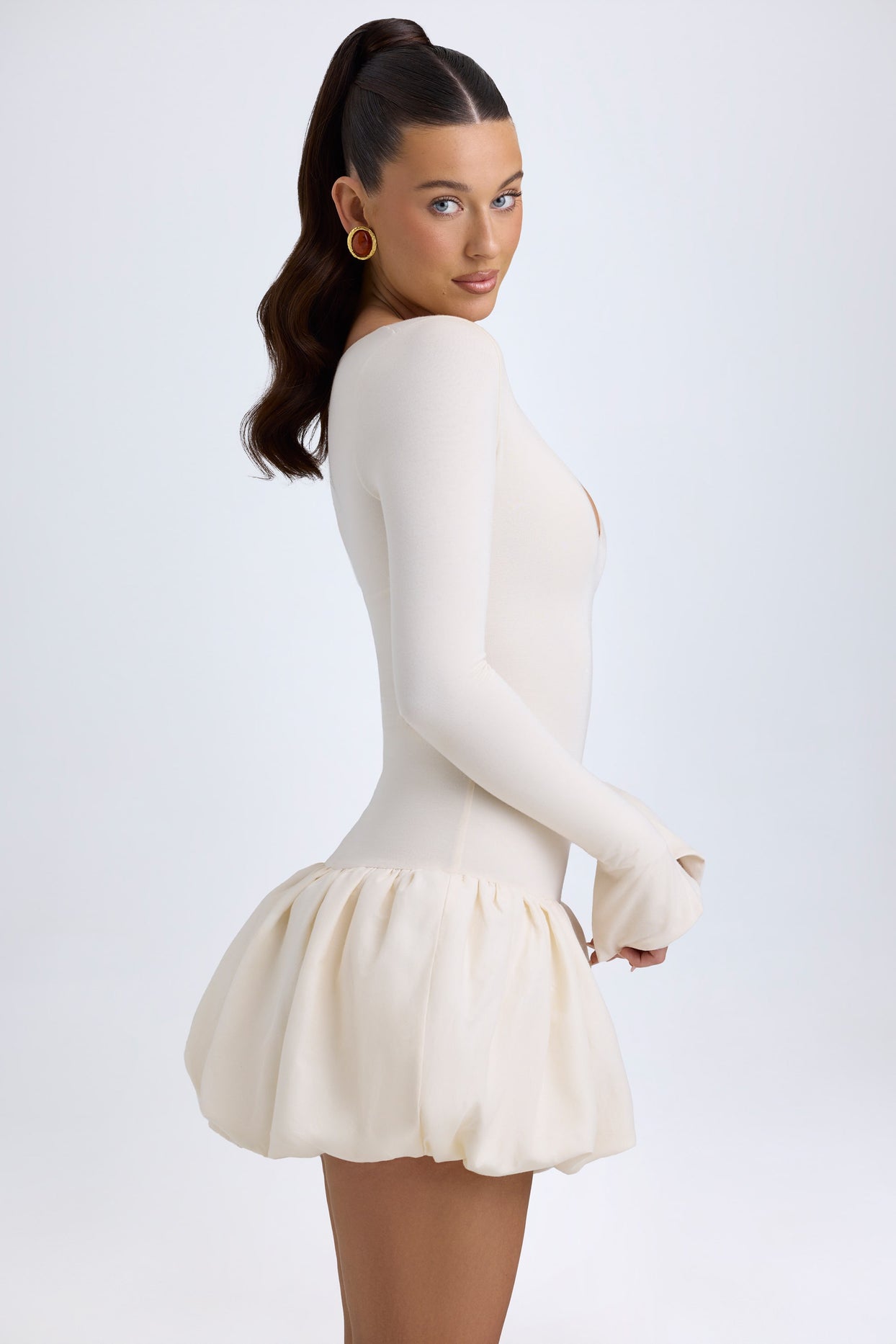 Modal Drop-Waist Bubble Hem Mini Dress in Ivory - 3