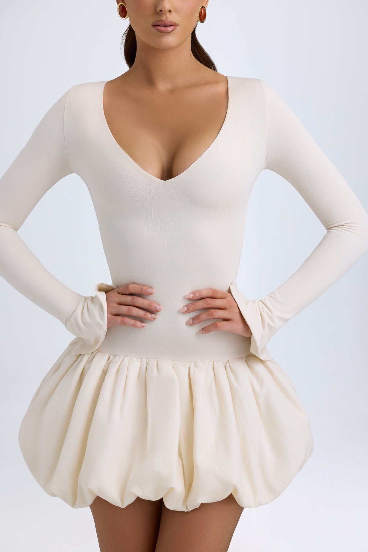 Modal Drop-Waist Bubble Hem Mini Dress in Ivory - 4