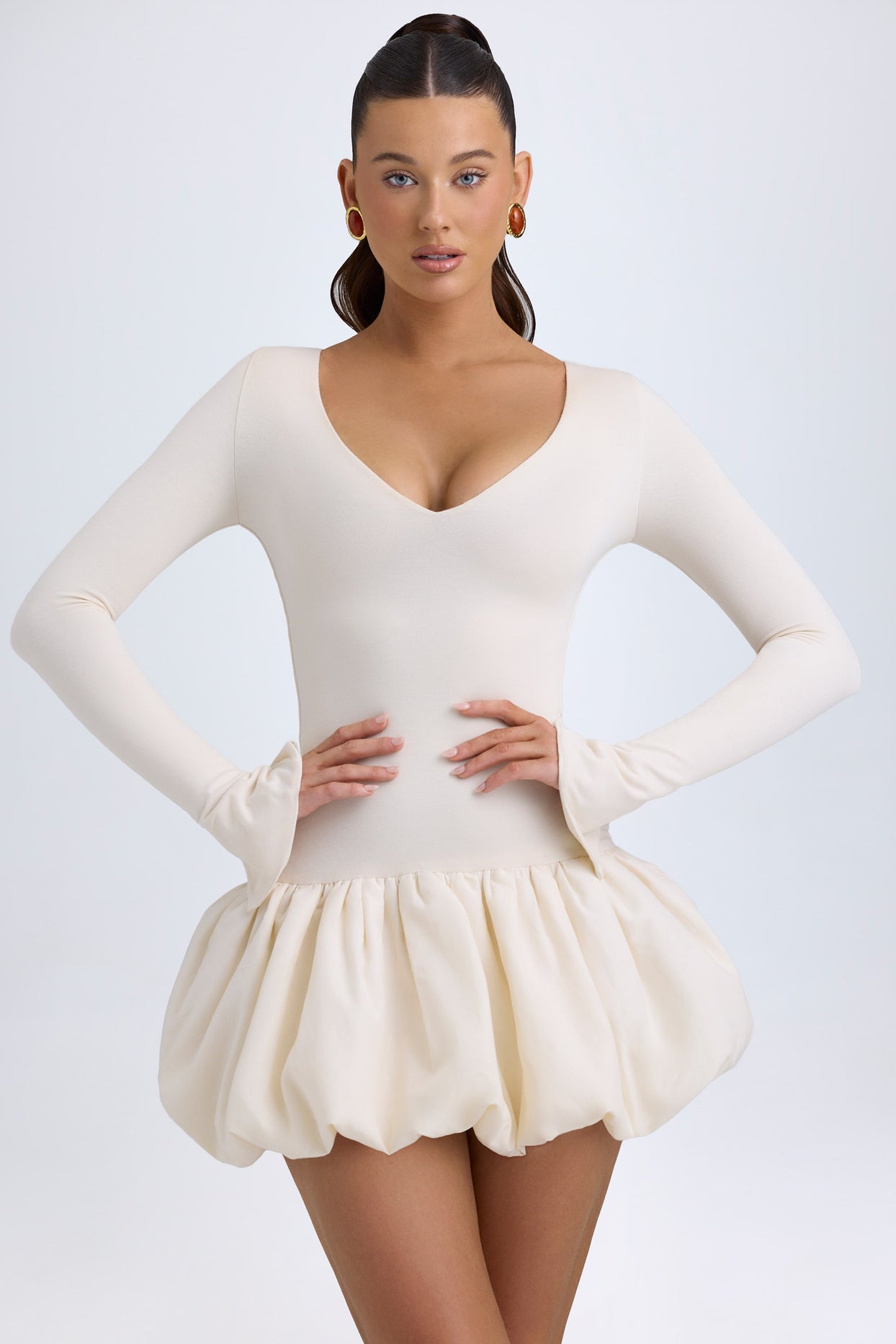 Modal Drop-Waist Bubble Hem Mini Dress in Ivory - 5