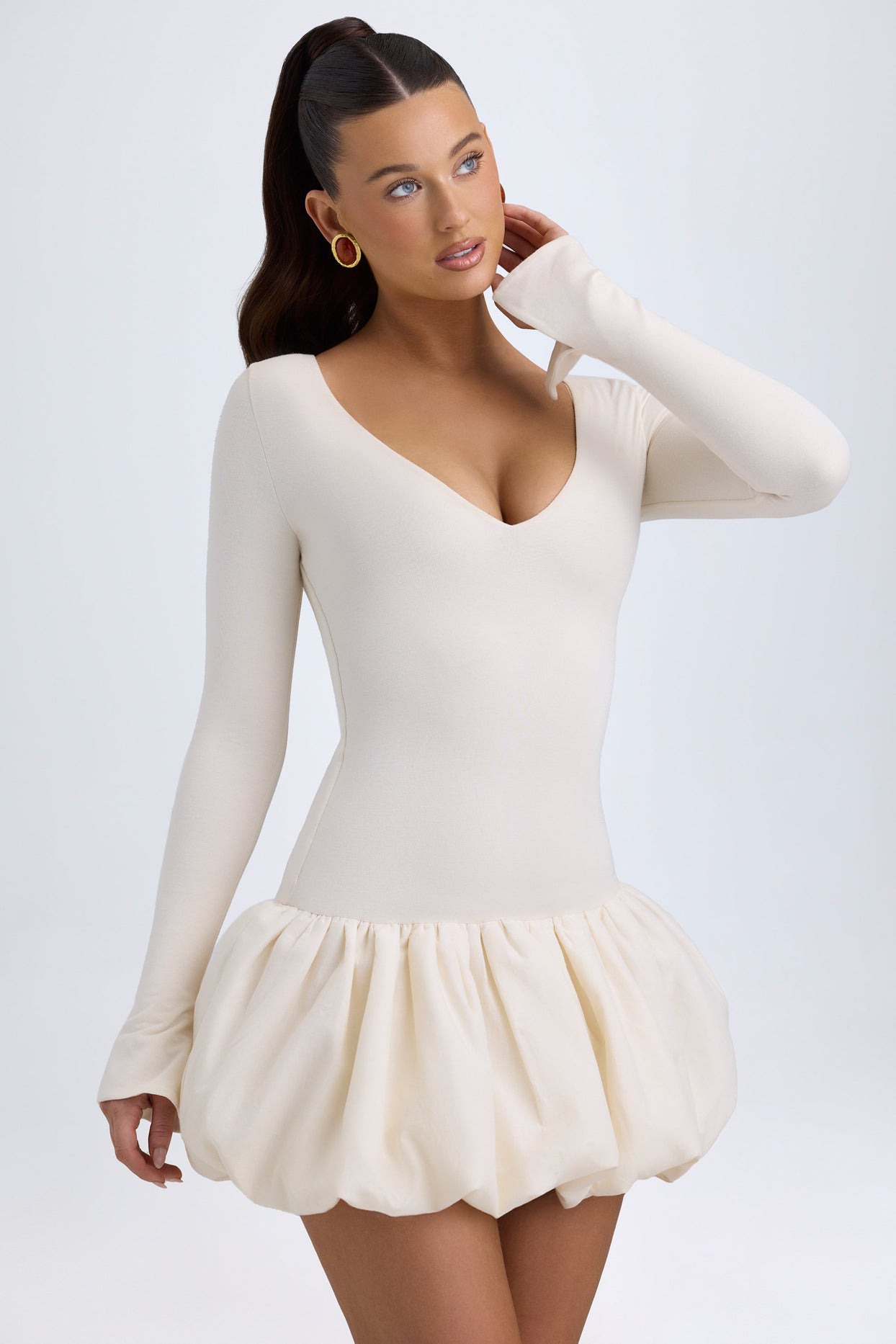 Modal Drop-Waist Bubble Hem Mini Dress in Ivory - 6