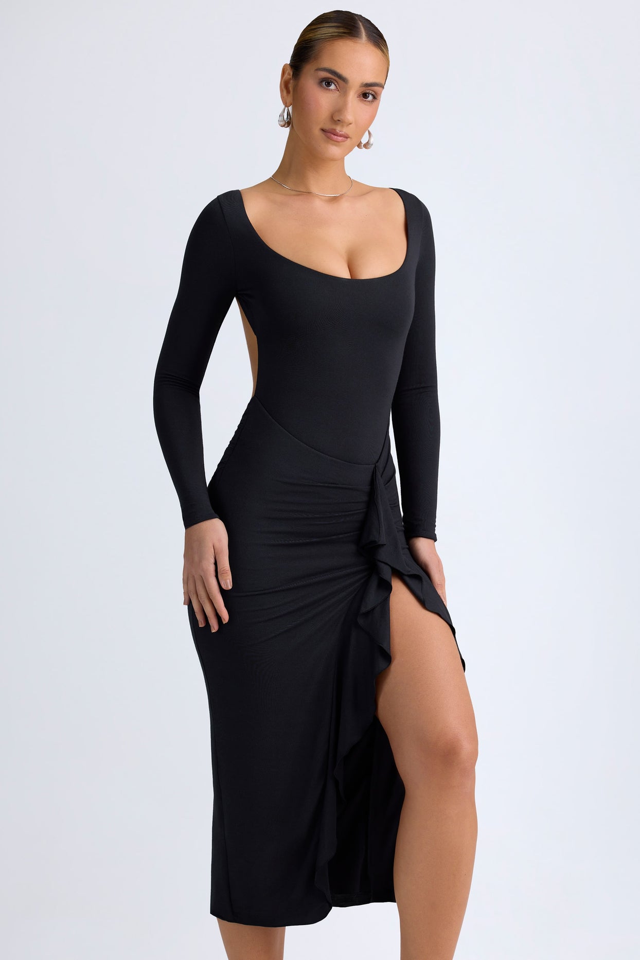 Modal Ruffled Midaxi Dress in Black - 1