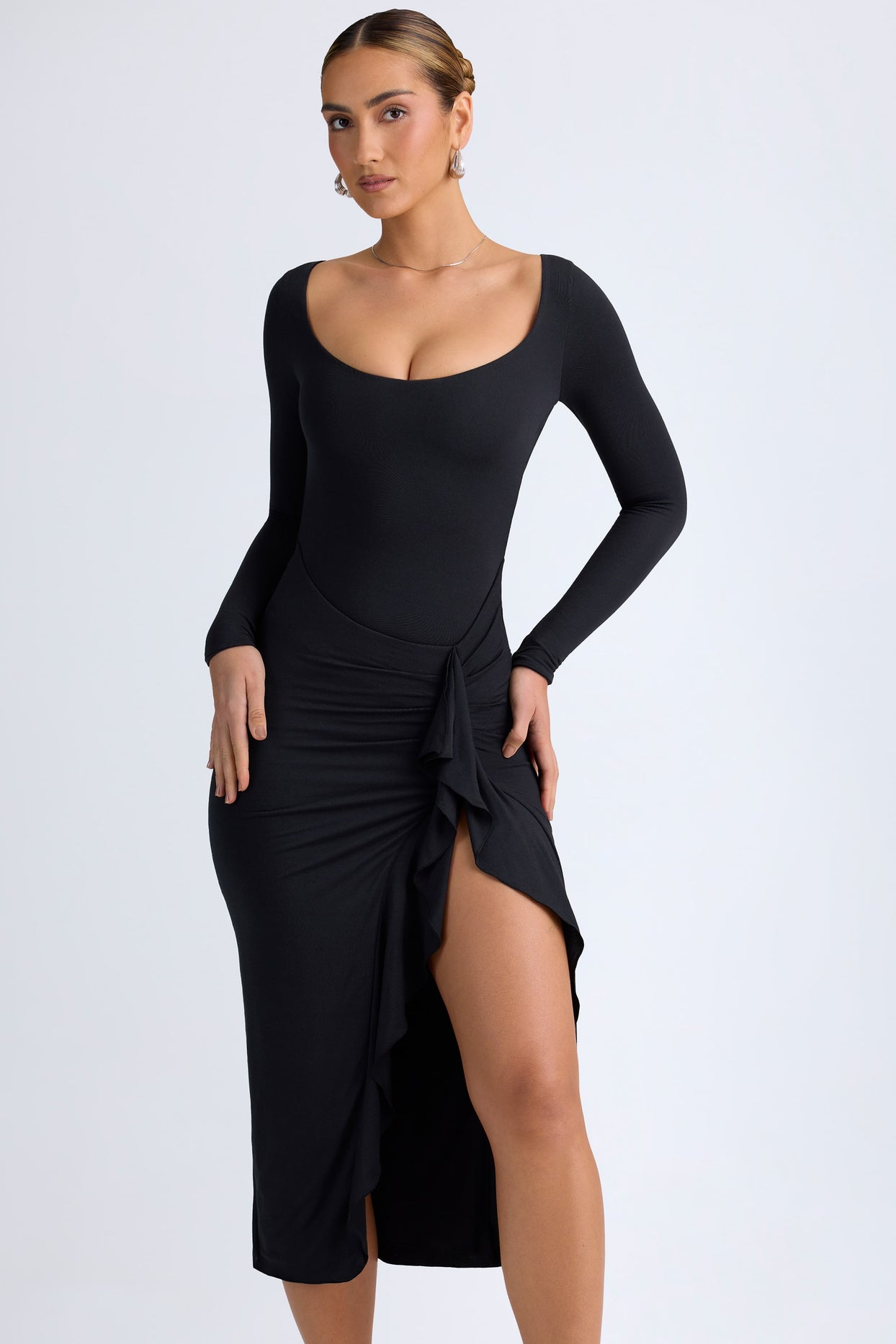 Modal Ruffled Midaxi Dress in Black - 6