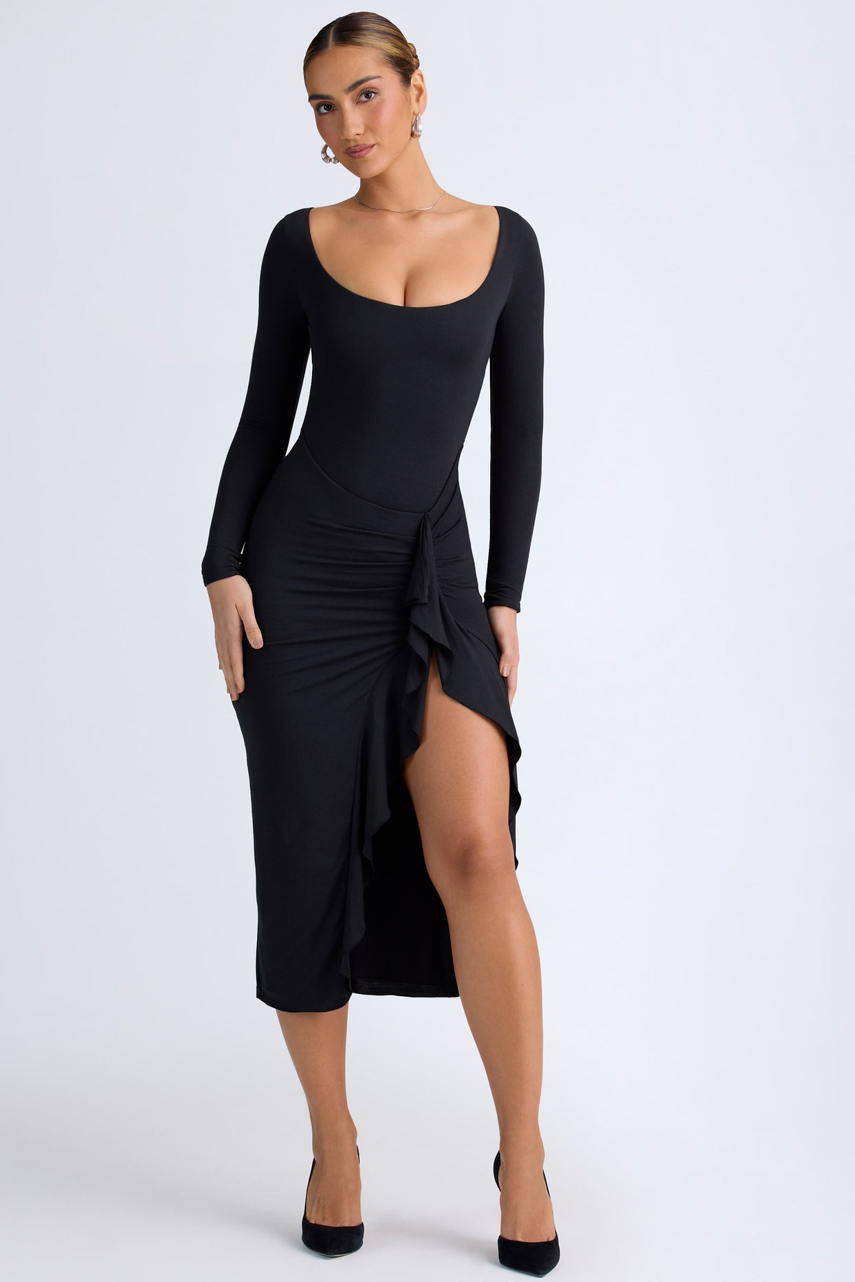 Modal Ruffled Midaxi Dress in Black - 7