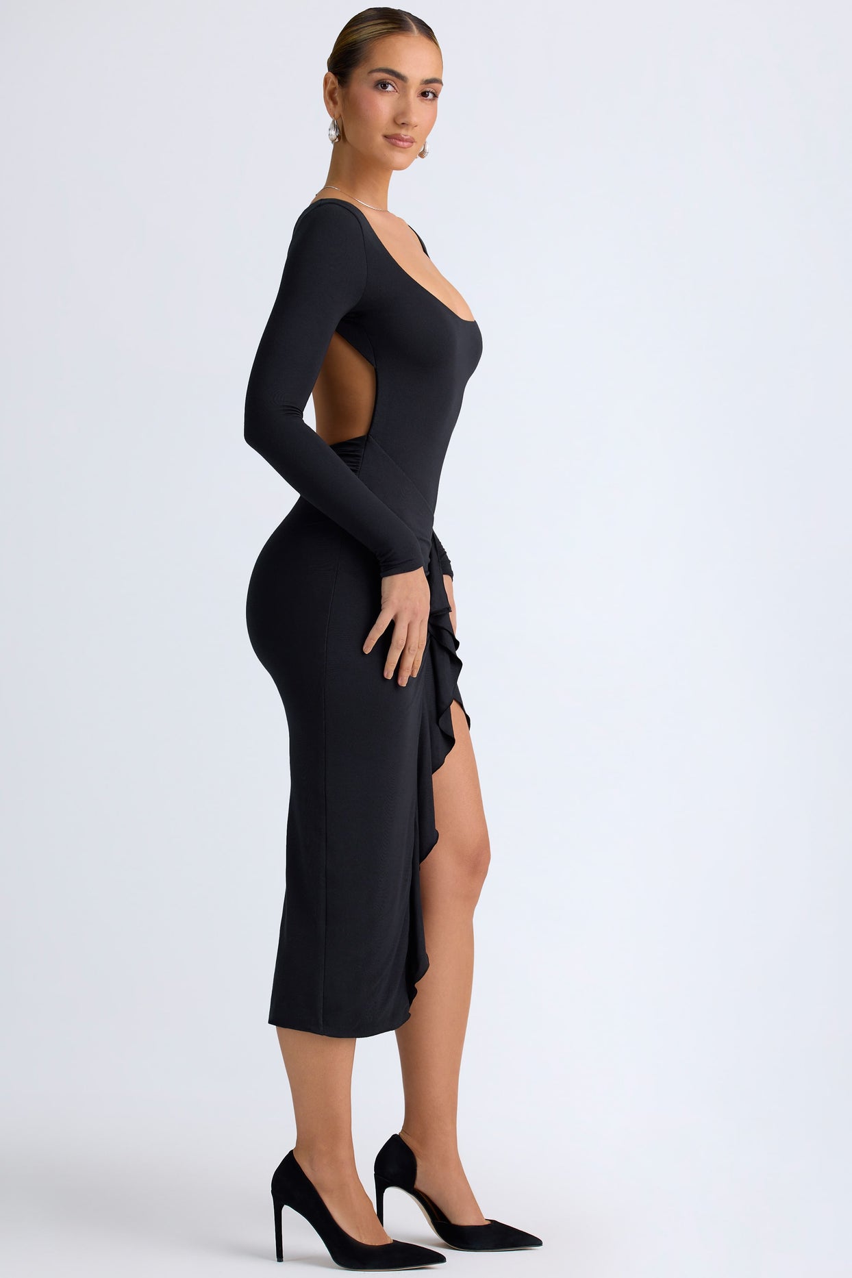 Modal Ruffled Midaxi Dress in Black - 8