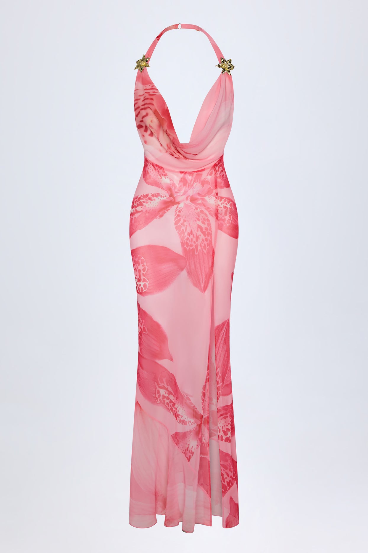Cowl-Neck Hardware-Detail Maxi Dress in Pink Orchid Print - 3