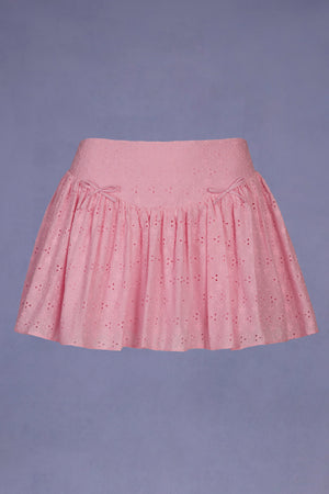 Bow-Detail Broderie Anglaise Mini Skirt in Soft Pink