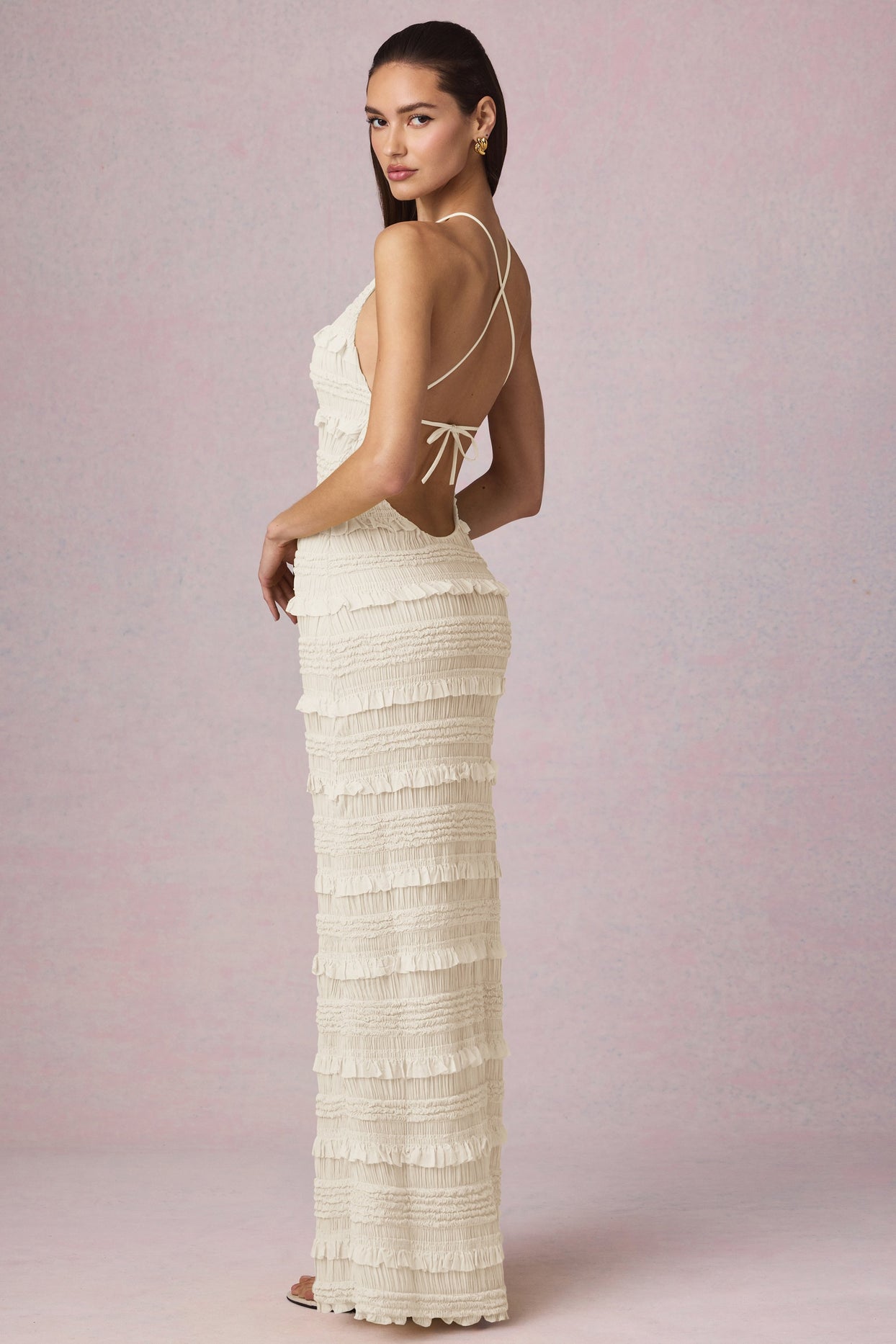 Ruffled Backless Halterneck Maxi Dress in Ivory - 6