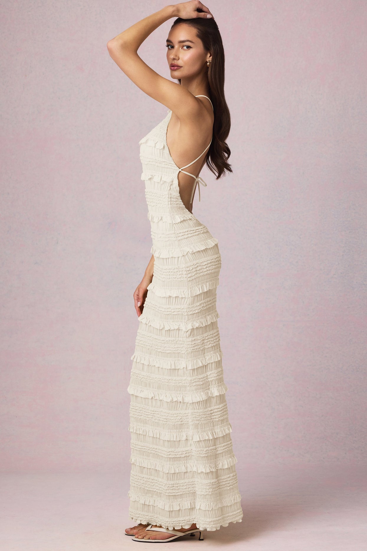 Ruffled Backless Halterneck Maxi Dress in Ivory - 7