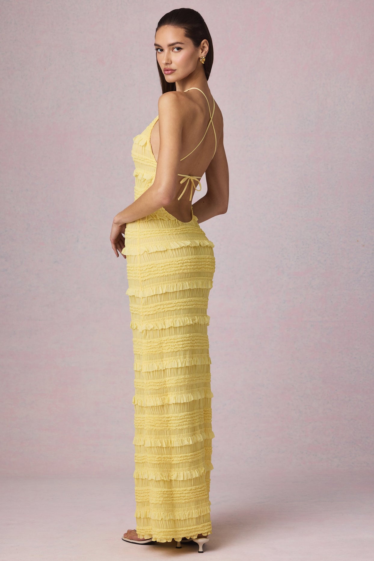 Ruffled Backless Halterneck Maxi Dress in Lemon Yellow - 2