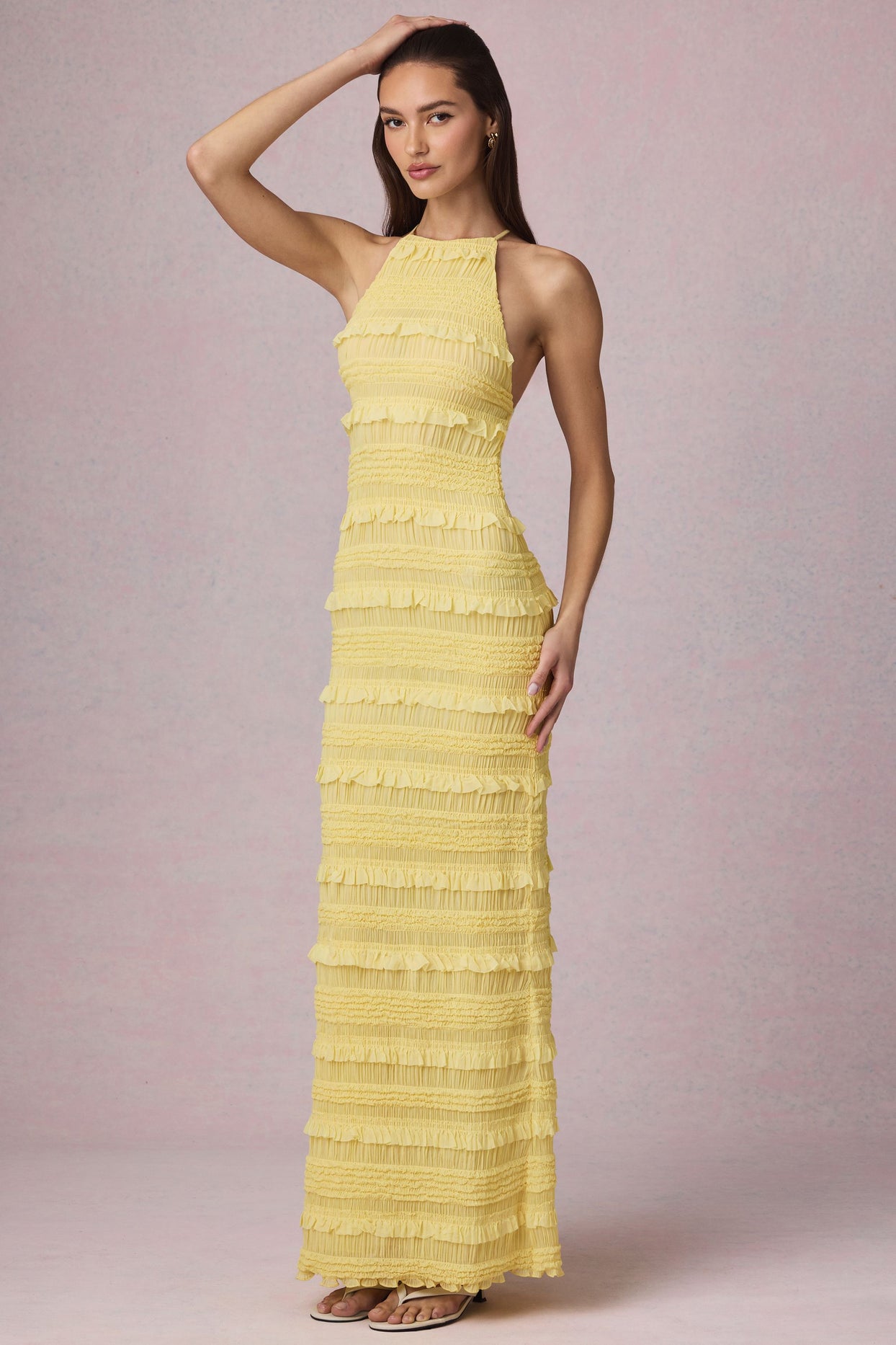 Ruffled Backless Halterneck Maxi Dress in Lemon Yellow - 4