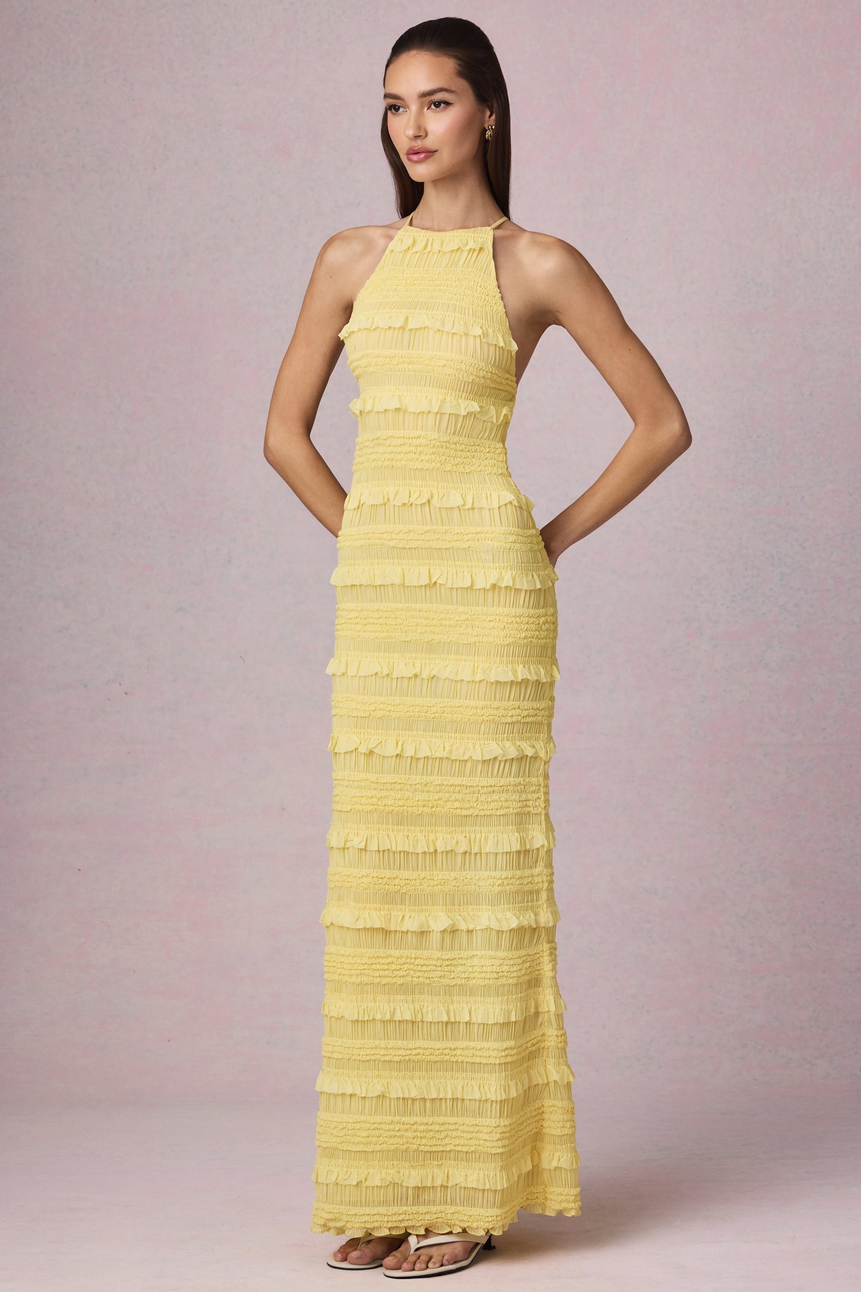 Ruffled Backless Halterneck Maxi Dress in Lemon Yellow - 7