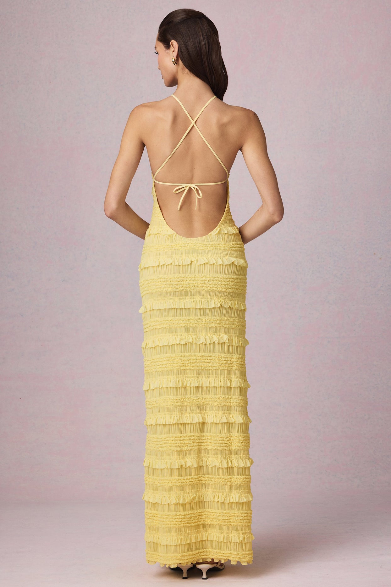 Ruffled Backless Halterneck Maxi Dress in Lemon Yellow - 8