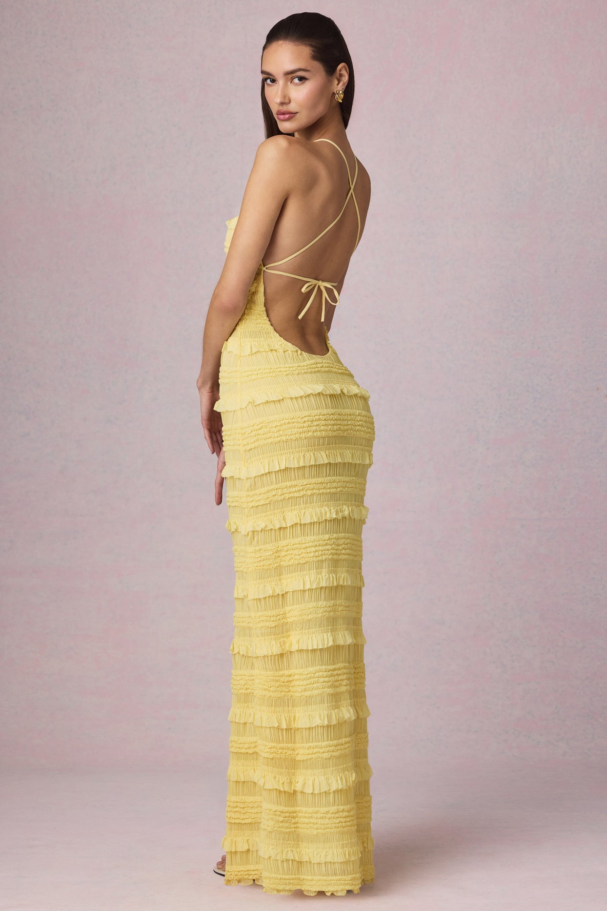 Ruffled Backless Halterneck Maxi Dress in Lemon Yellow - 9