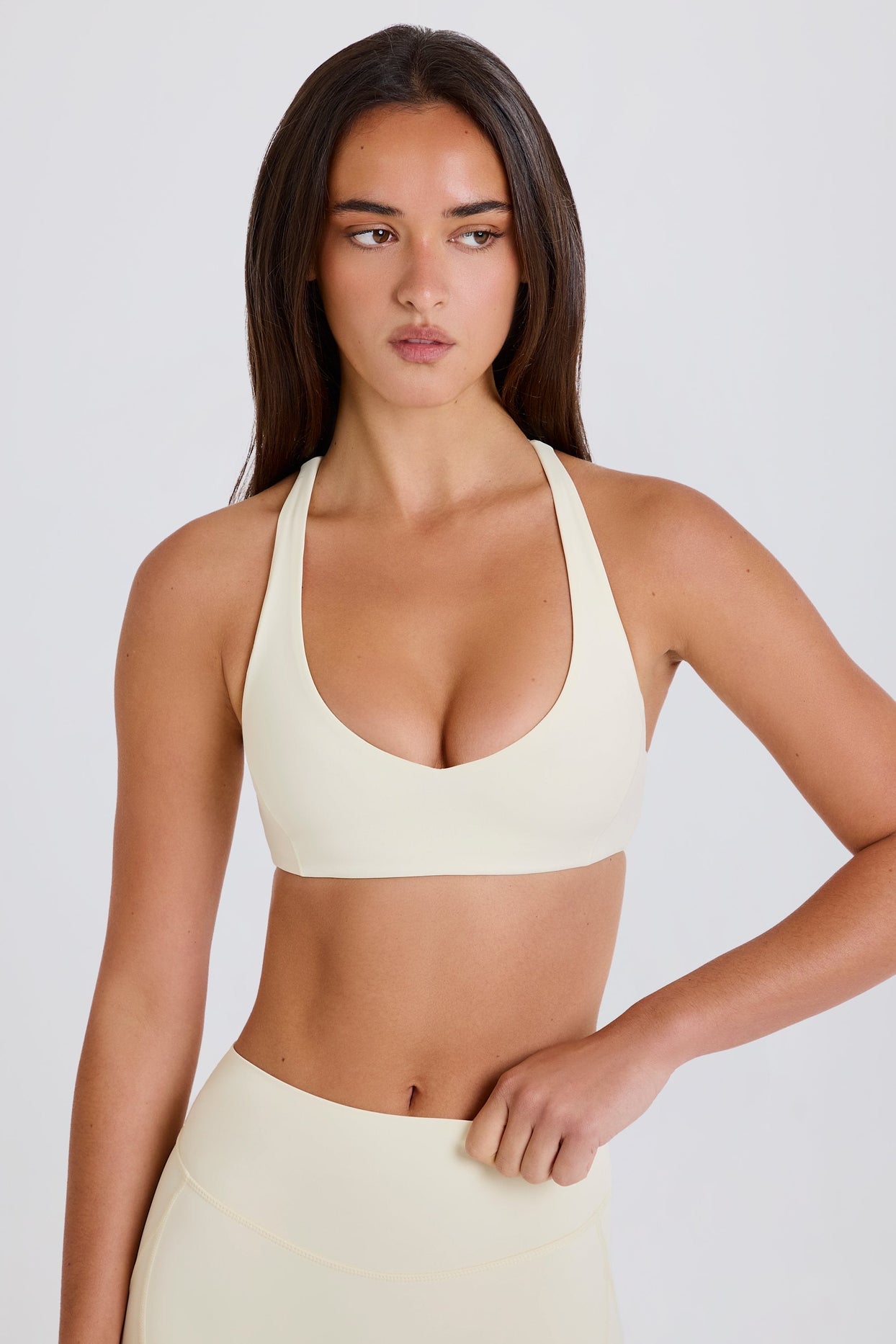 Crossback V-Neck Sports Bra in Cream - 6