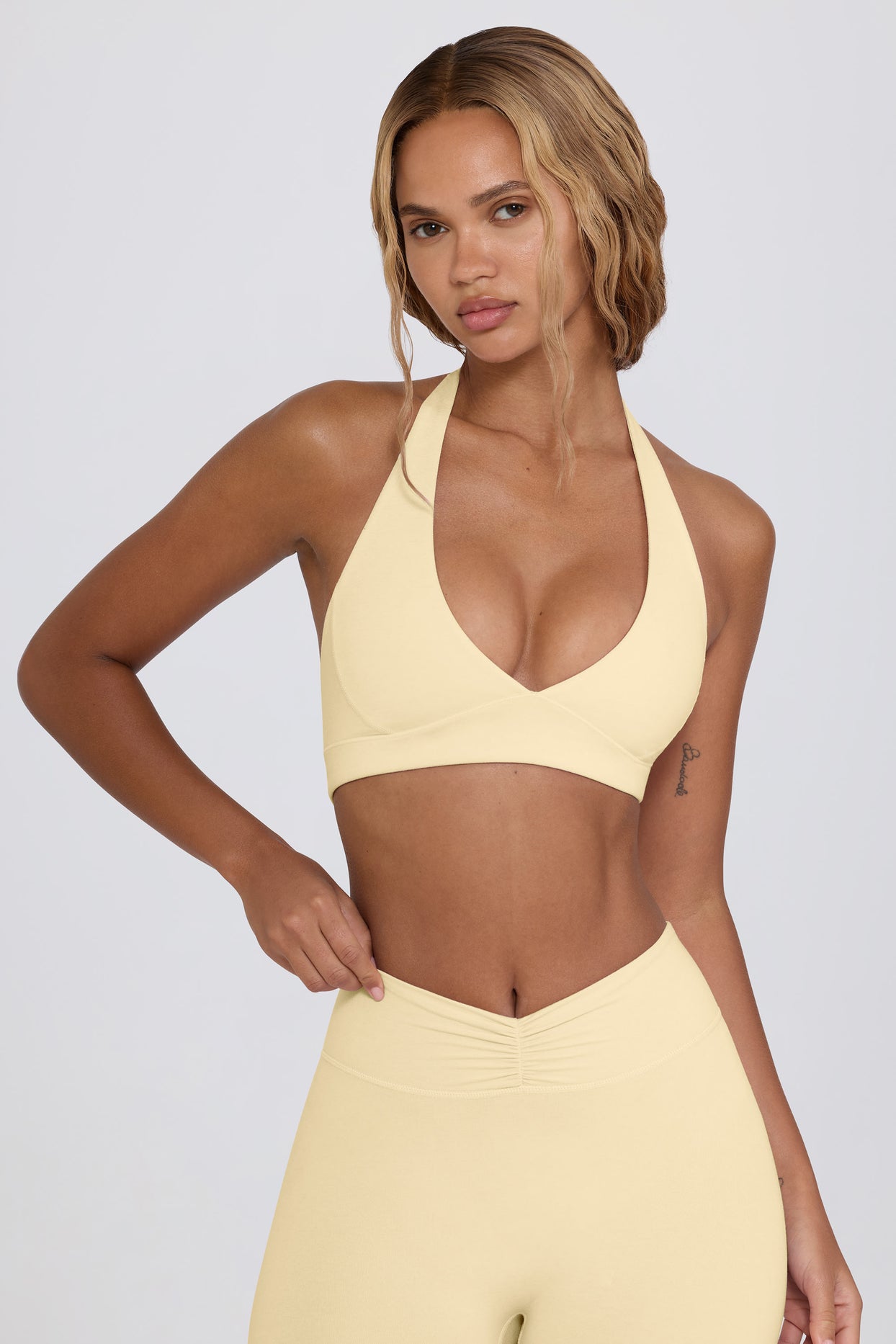 Brushed Jersey V-Neck Sports Bra in Lemon Marl - 1