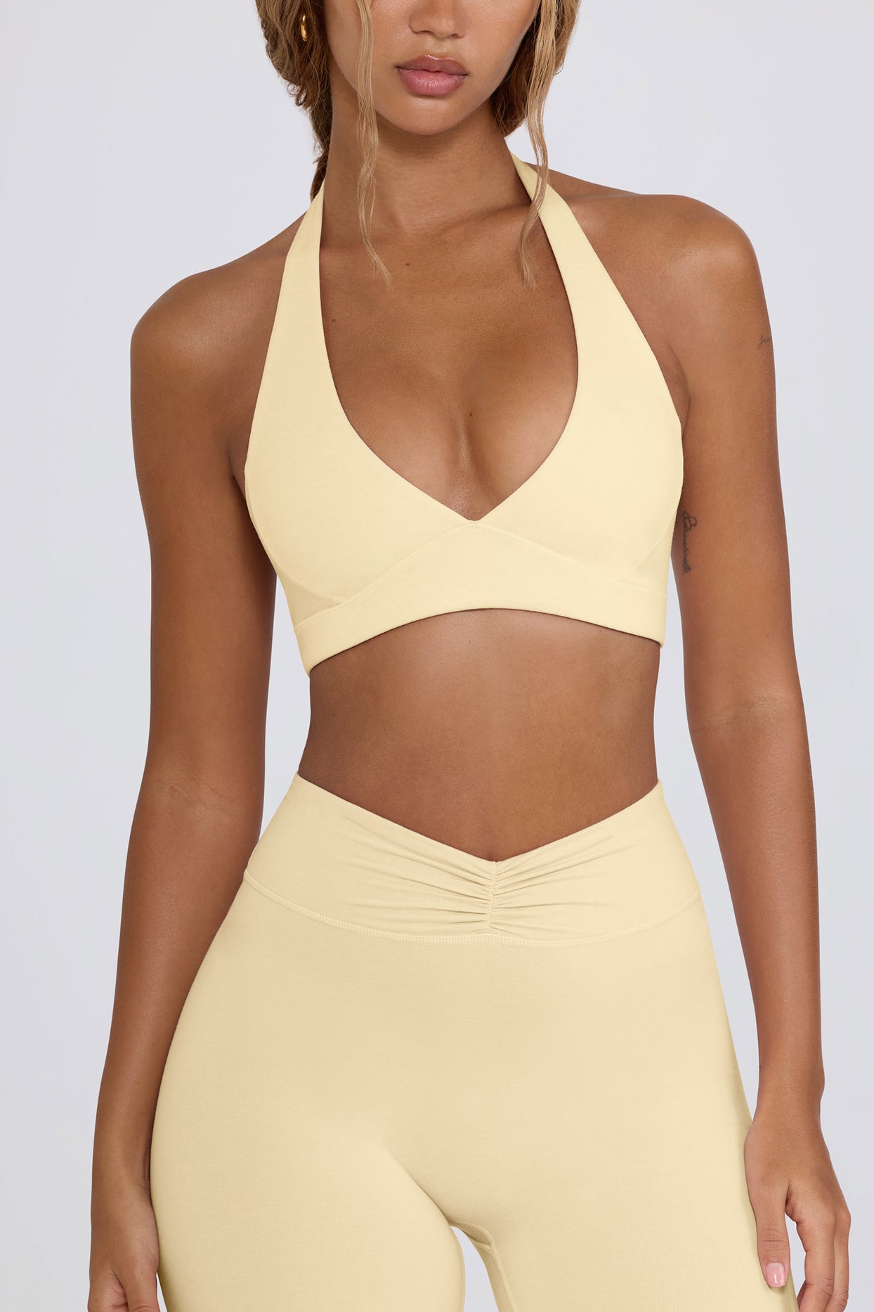 Brushed Jersey V-Neck Sports Bra in Lemon Marl - 4
