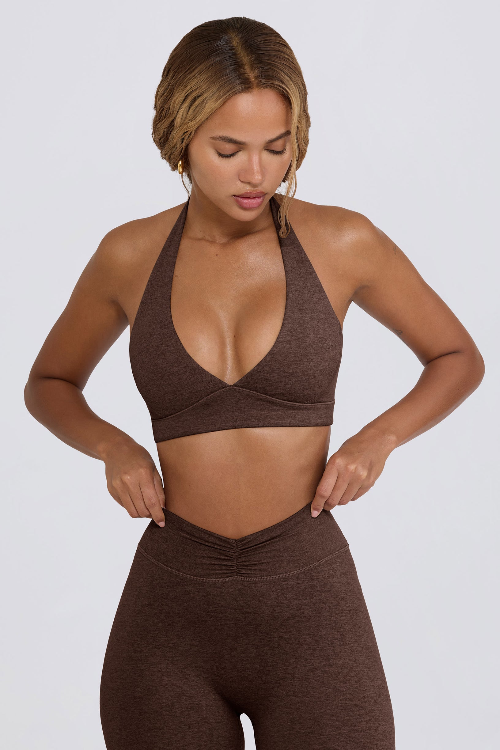 Brushed Jersey V-Neck Sports Bra in Pecan Marl - 1