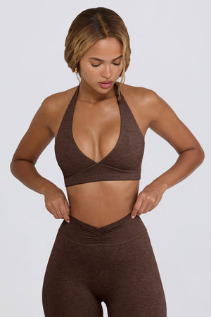 Brushed Jersey V-Neck Sports Bra in Pecan Marl