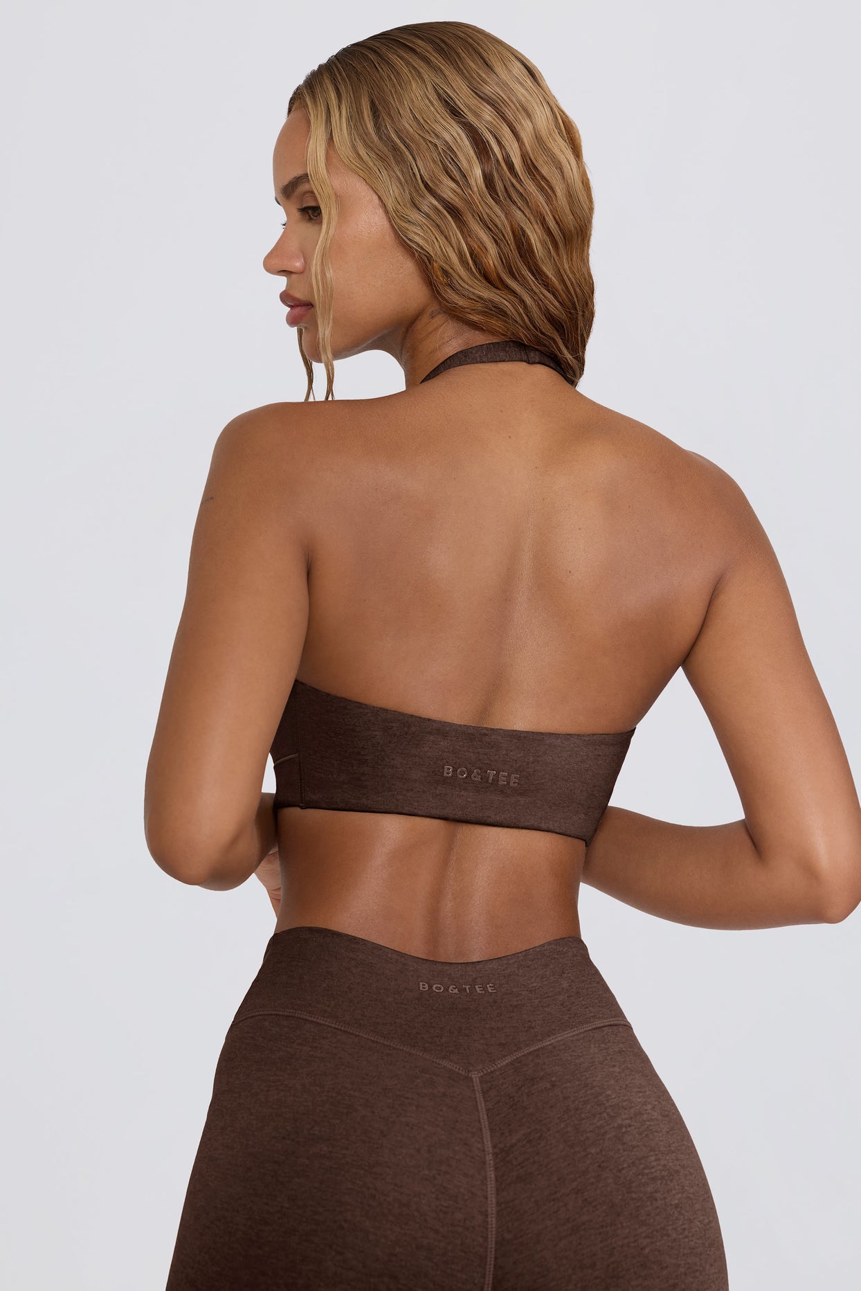Brushed Jersey V-Neck Sports Bra in Pecan Marl - 2