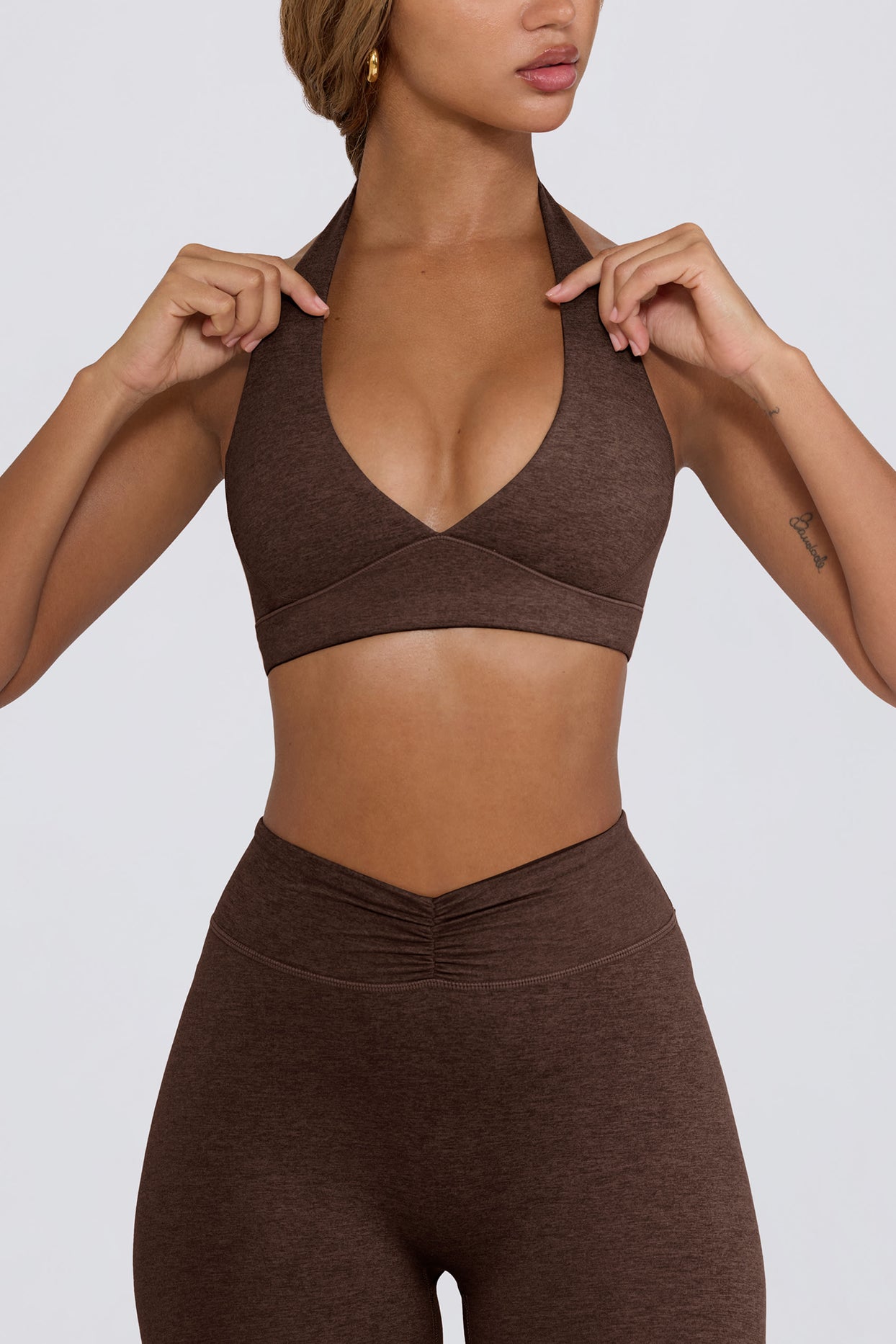 Brushed Jersey V-Neck Sports Bra in Pecan Marl - 4