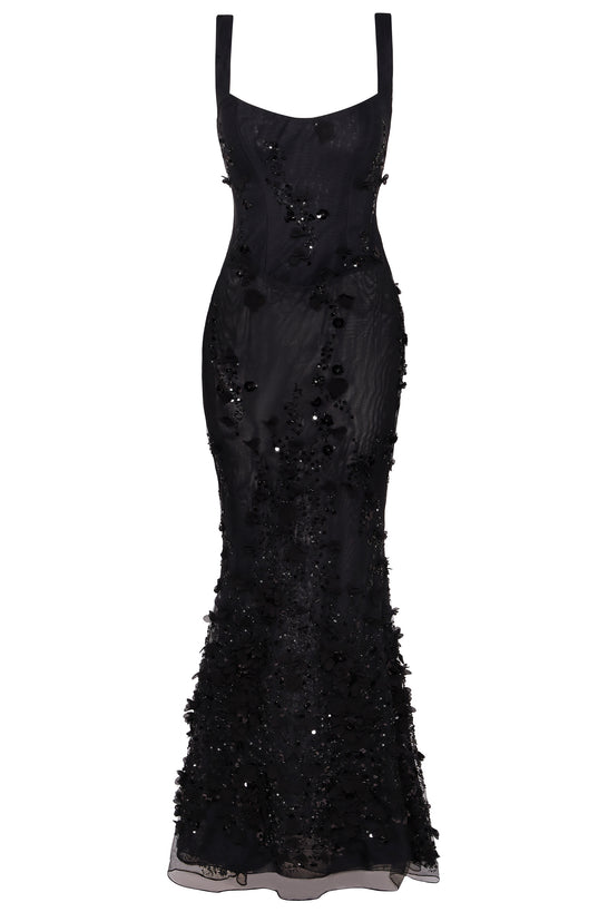 Embellished Fishtail Corset Gown in Black