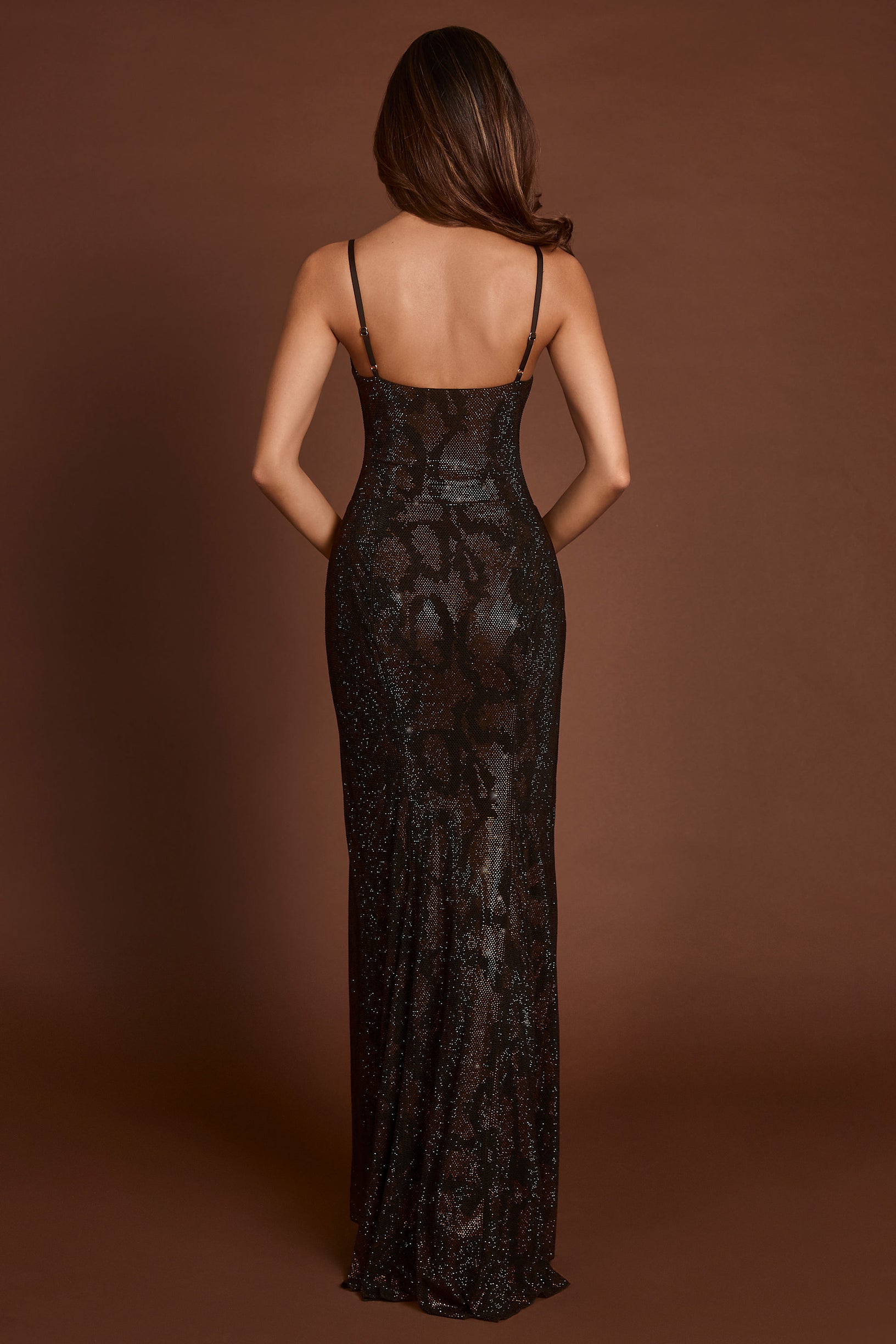 Embellished Peekaboo Cowl-Neck Dress in Brown Snake - 2