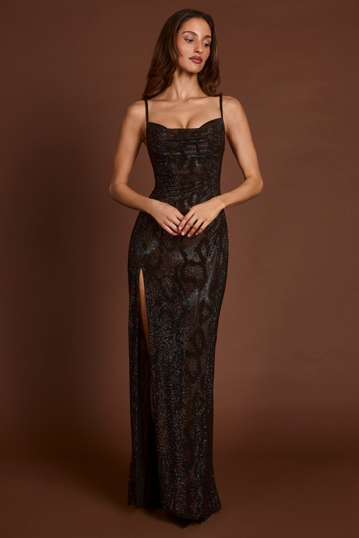 Embellished Peekaboo Cowl-Neck Dress in Brown Snake - 8