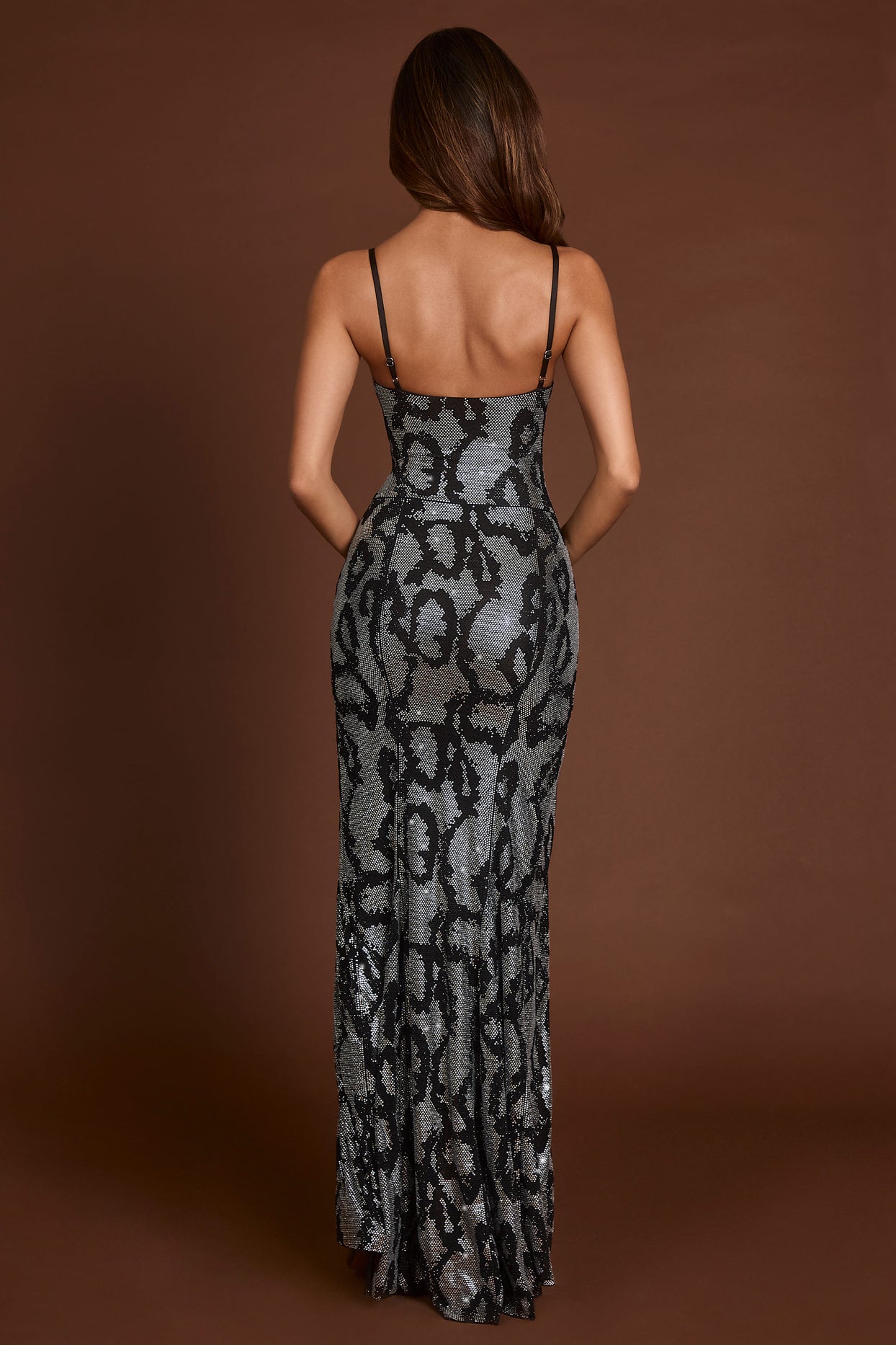 Embellished Peekaboo Cowl-Neck Dress in Silver Snake - 2