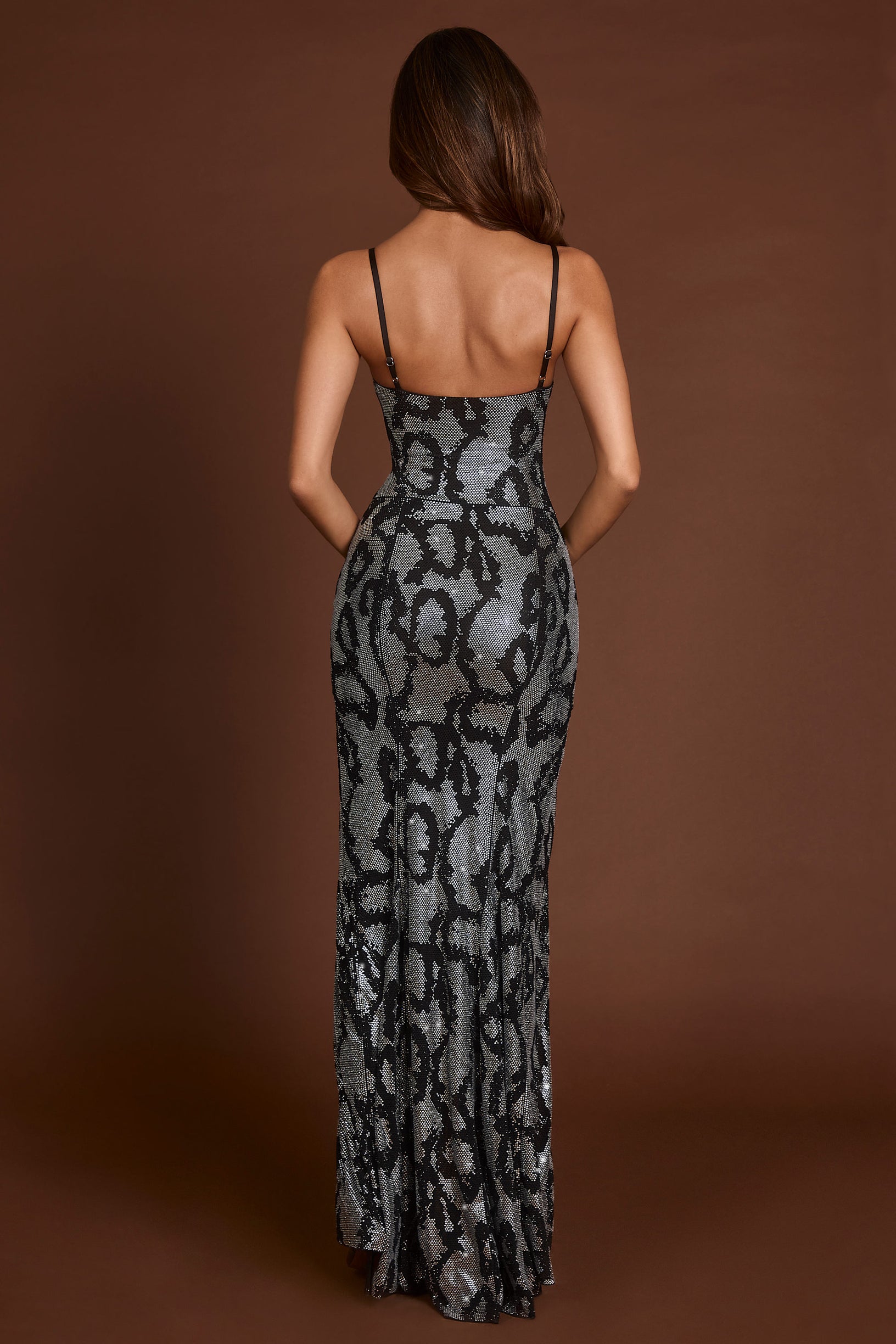 Embellished Peekaboo Cowl-Neck Dress in Silver Snake - 2