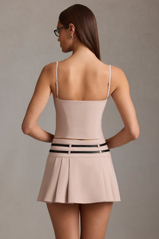 Belted Low-Rise Pleated Mini Skirt in Mushroom