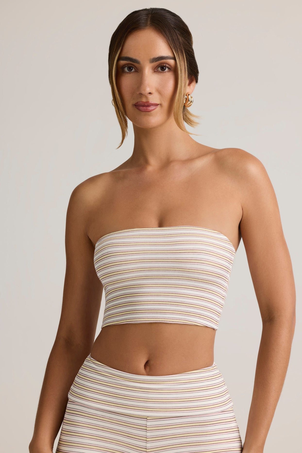 Modal Strapless Crop Top in Pink Yellow Stripe - 1