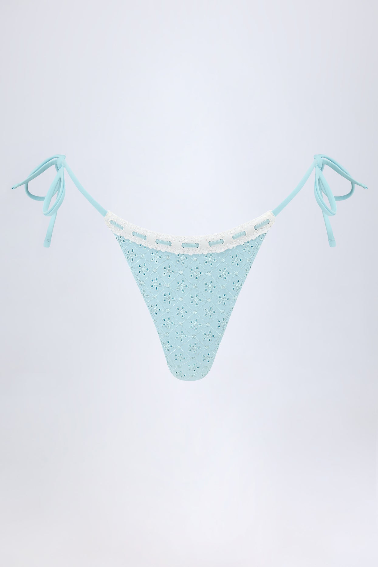 Broderie Anglaise Side-Tie Thong Bikini Bottoms in Powder Blue - 2
