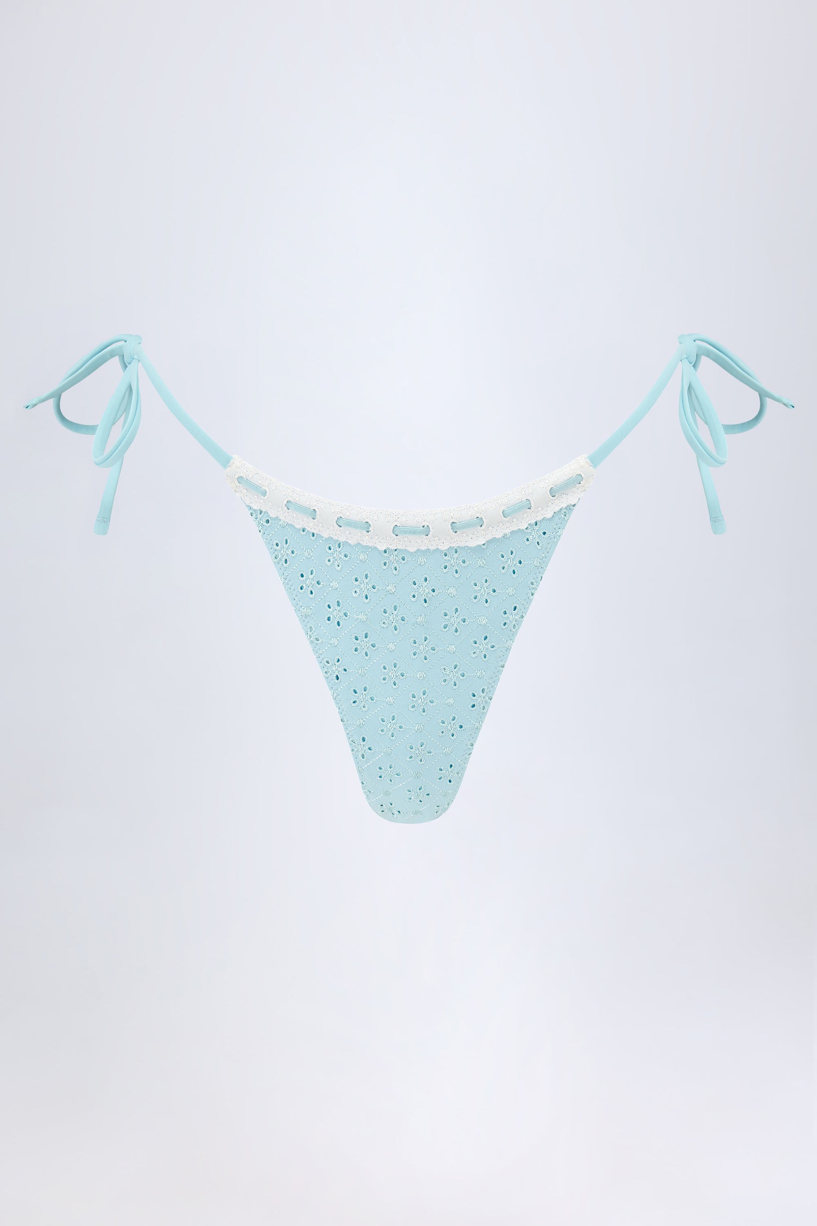 Broderie Anglaise Side-Tie Thong Bikini Bottoms in Powder Blue - 2