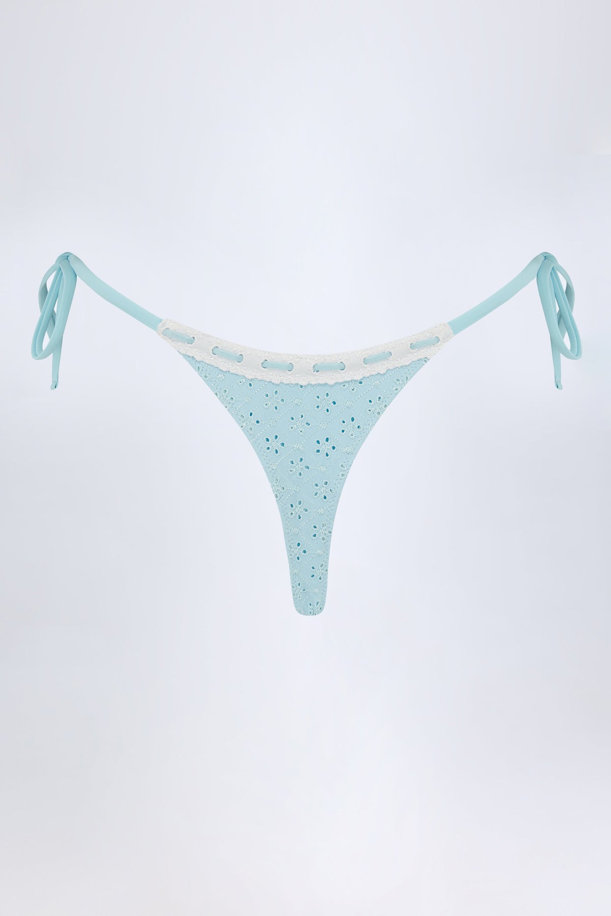 Broderie Anglaise Side-Tie Thong Bikini Bottoms in Powder Blue - 3