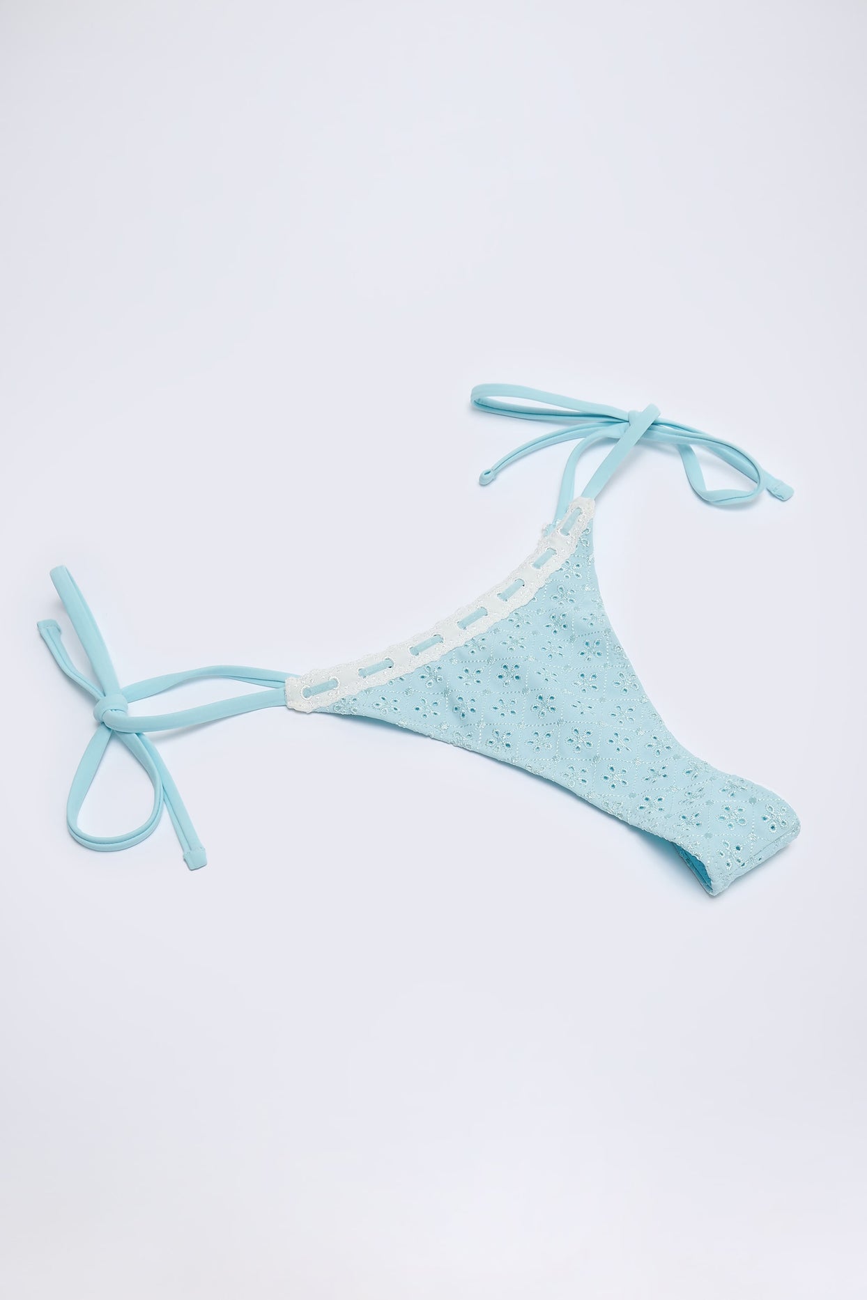 Broderie Anglaise Side-Tie Thong Bikini Bottoms in Powder Blue - 4