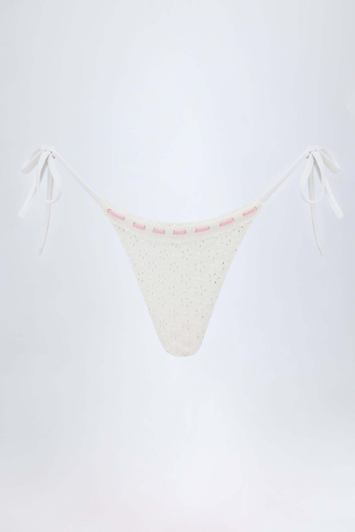 Broderie Anglaise Side-Tie Thong Bikini Bottoms in White - 2