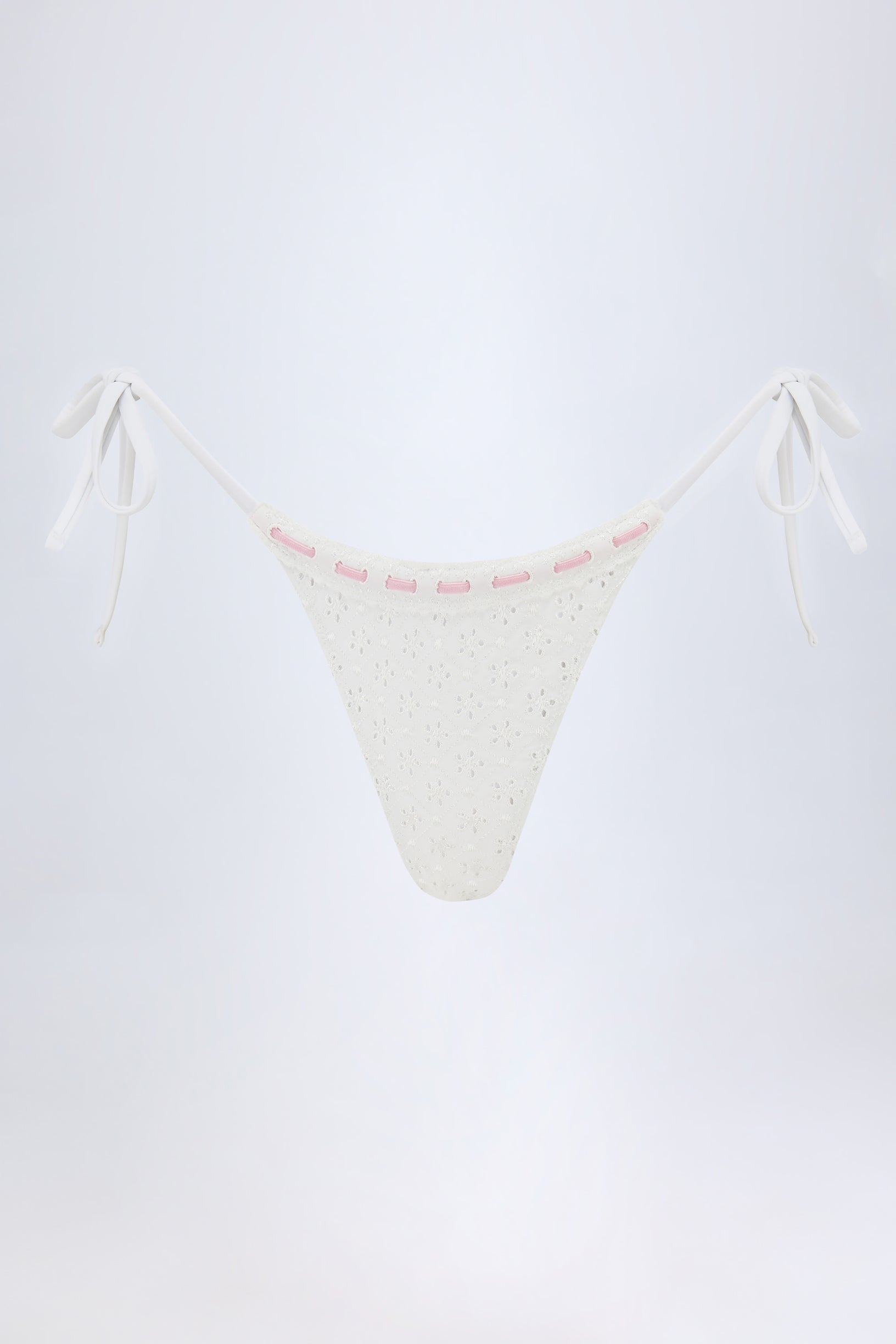 Broderie Anglaise Side-Tie Thong Bikini Bottoms in White - 2