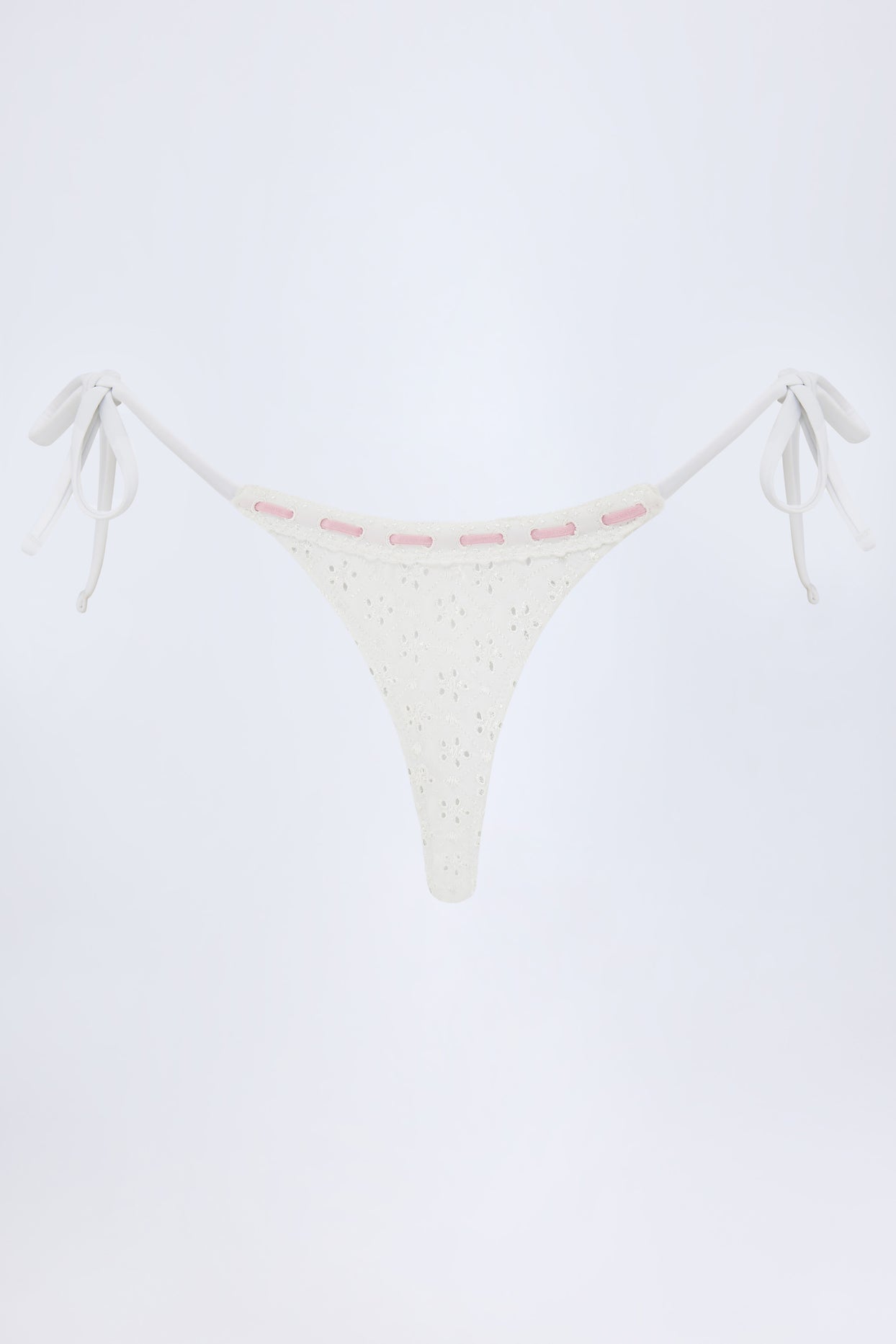 Broderie Anglaise Side-Tie Thong Bikini Bottoms in White - 3