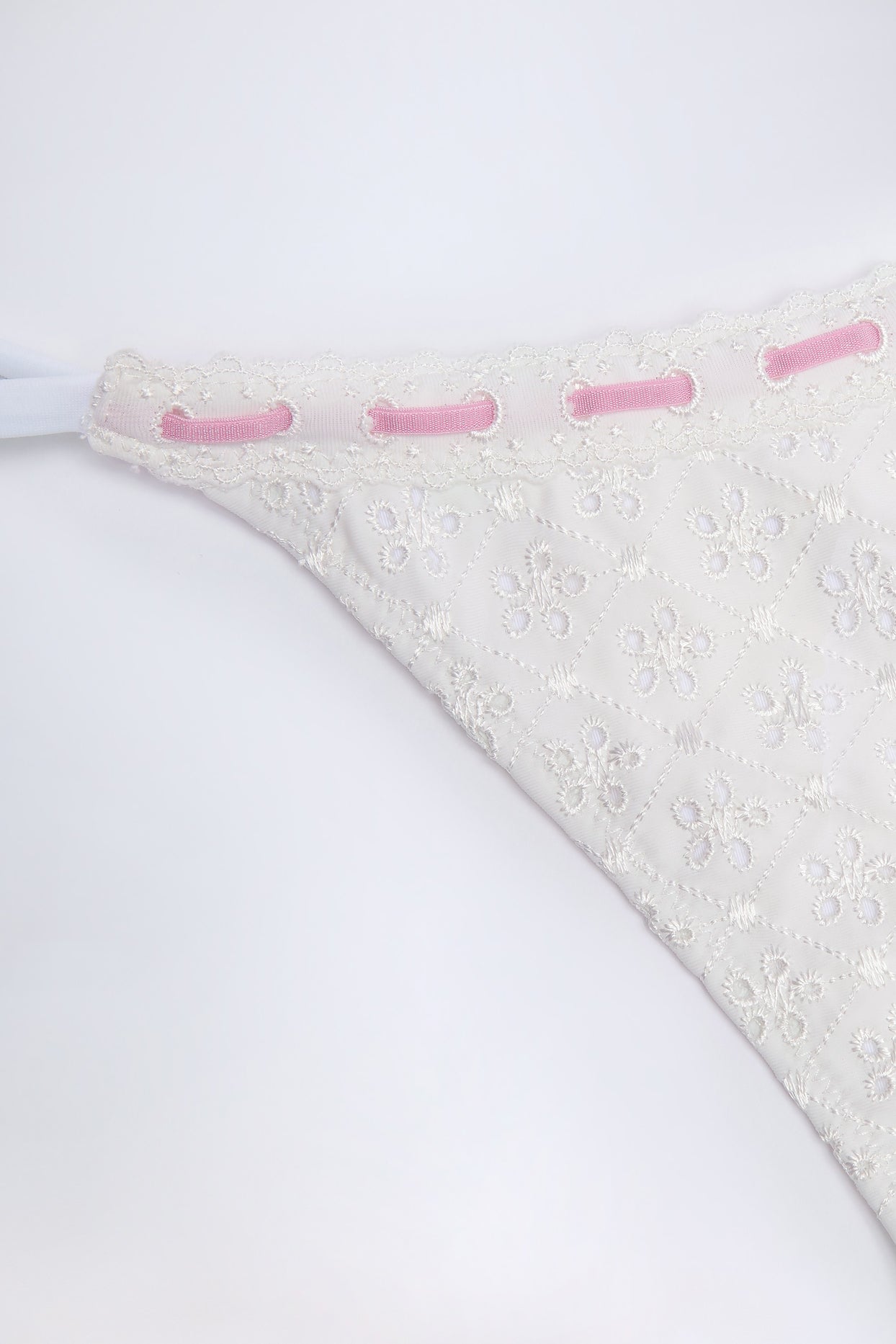 Broderie Anglaise Side-Tie Thong Bikini Bottoms in White - 5