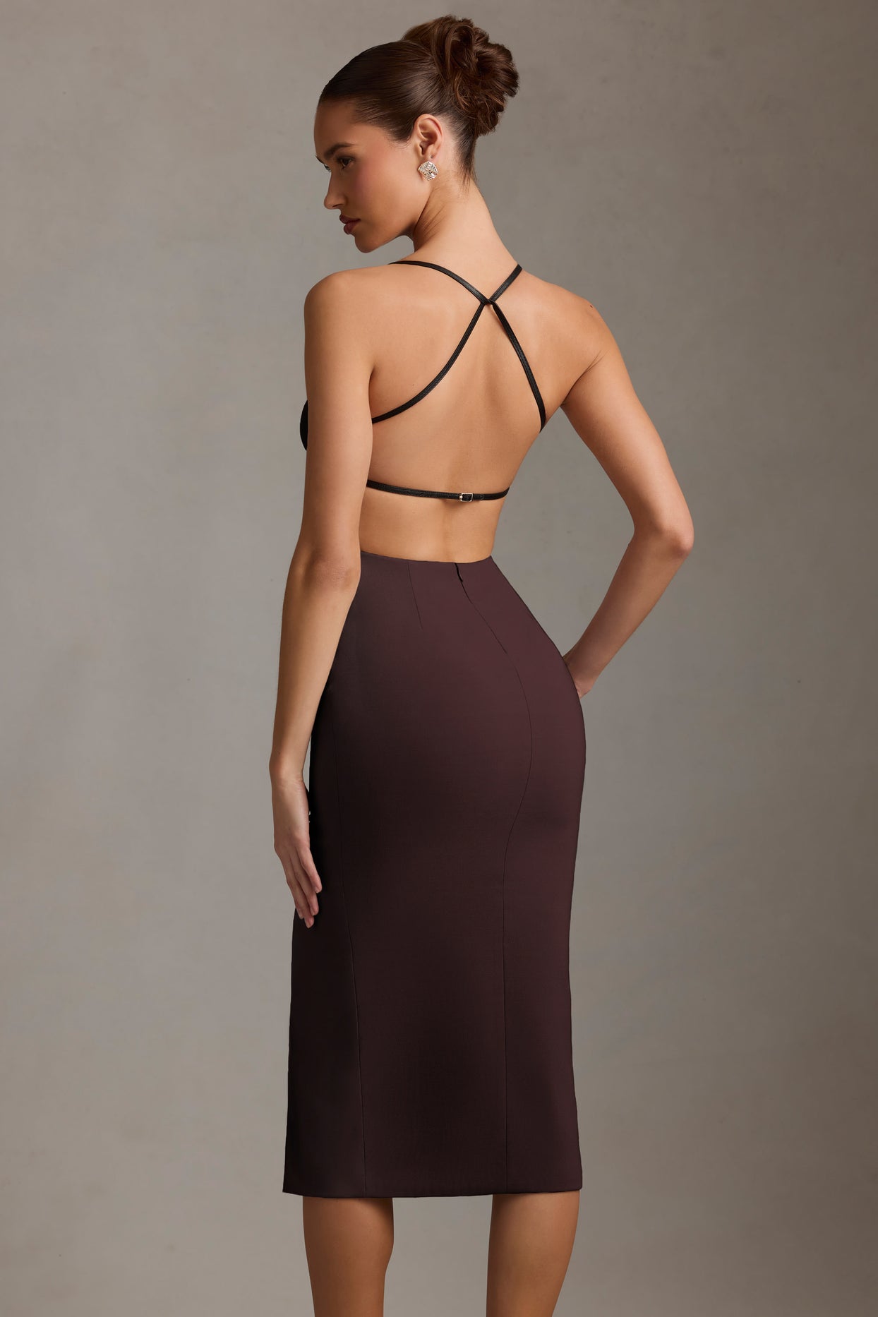 Plunge-Neck Backless Midaxi Dress in Chocolate Brown - 2