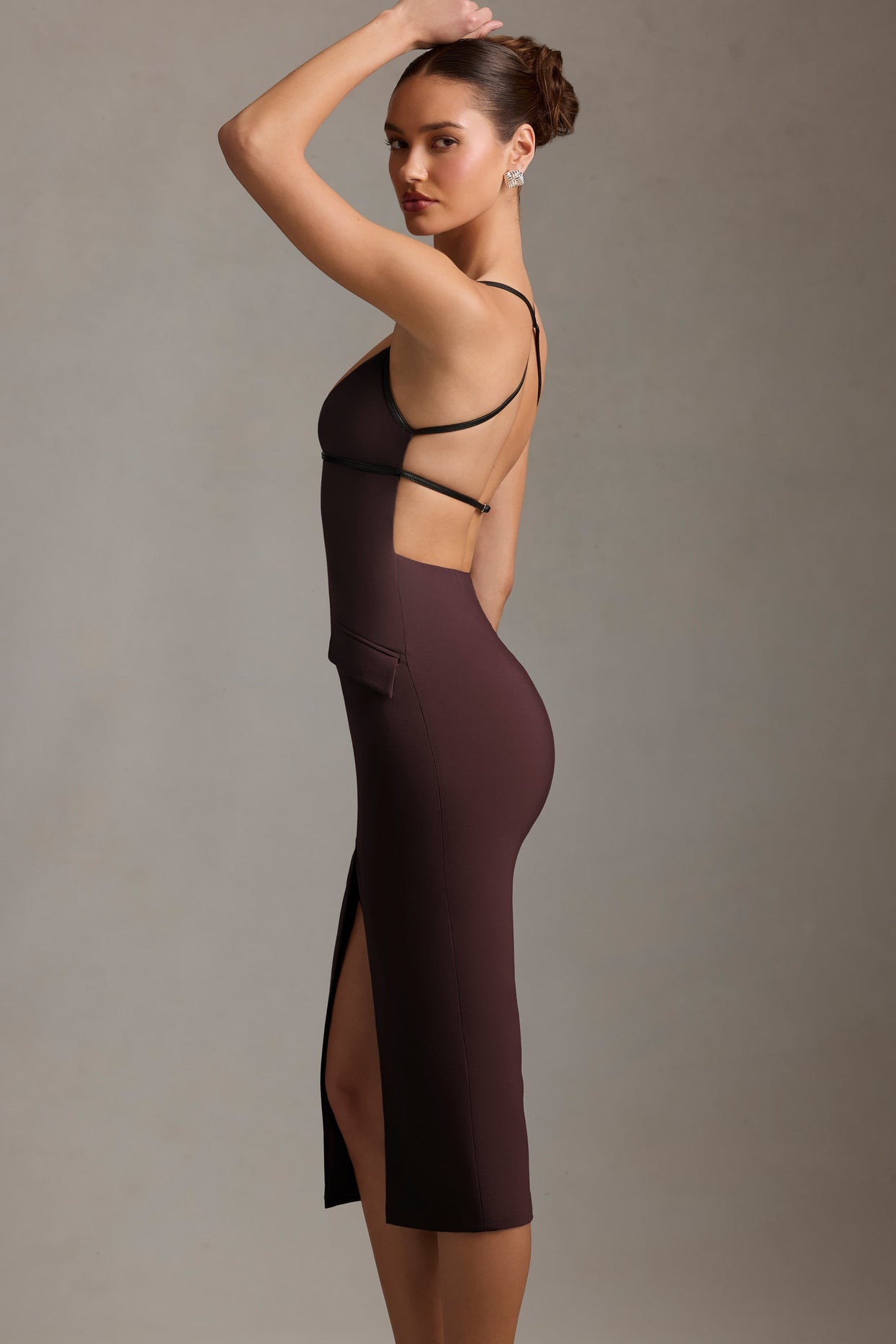 Plunge-Neck Backless Midaxi Dress in Chocolate Brown - 3