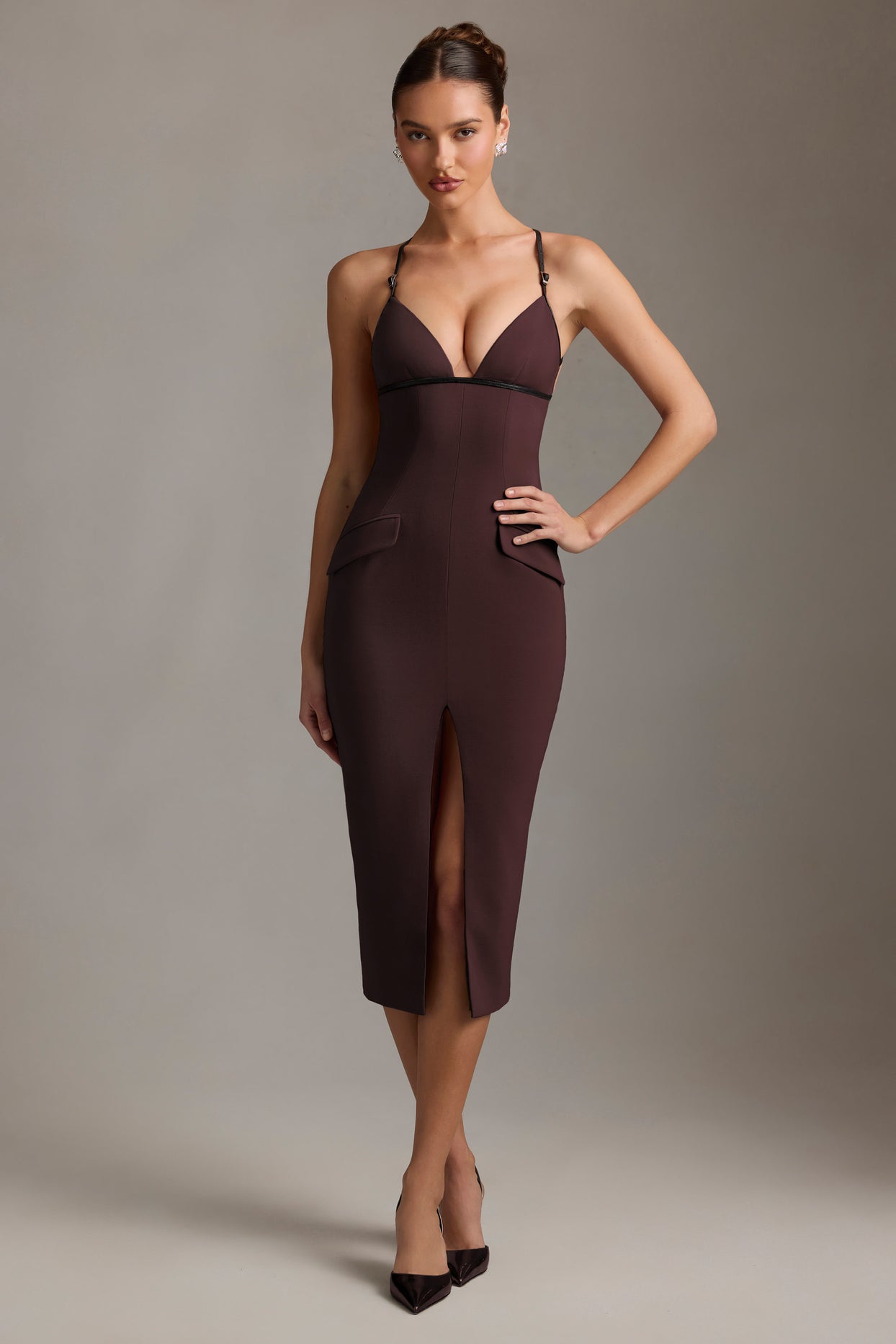 Plunge-Neck Backless Midaxi Dress in Chocolate Brown - 5