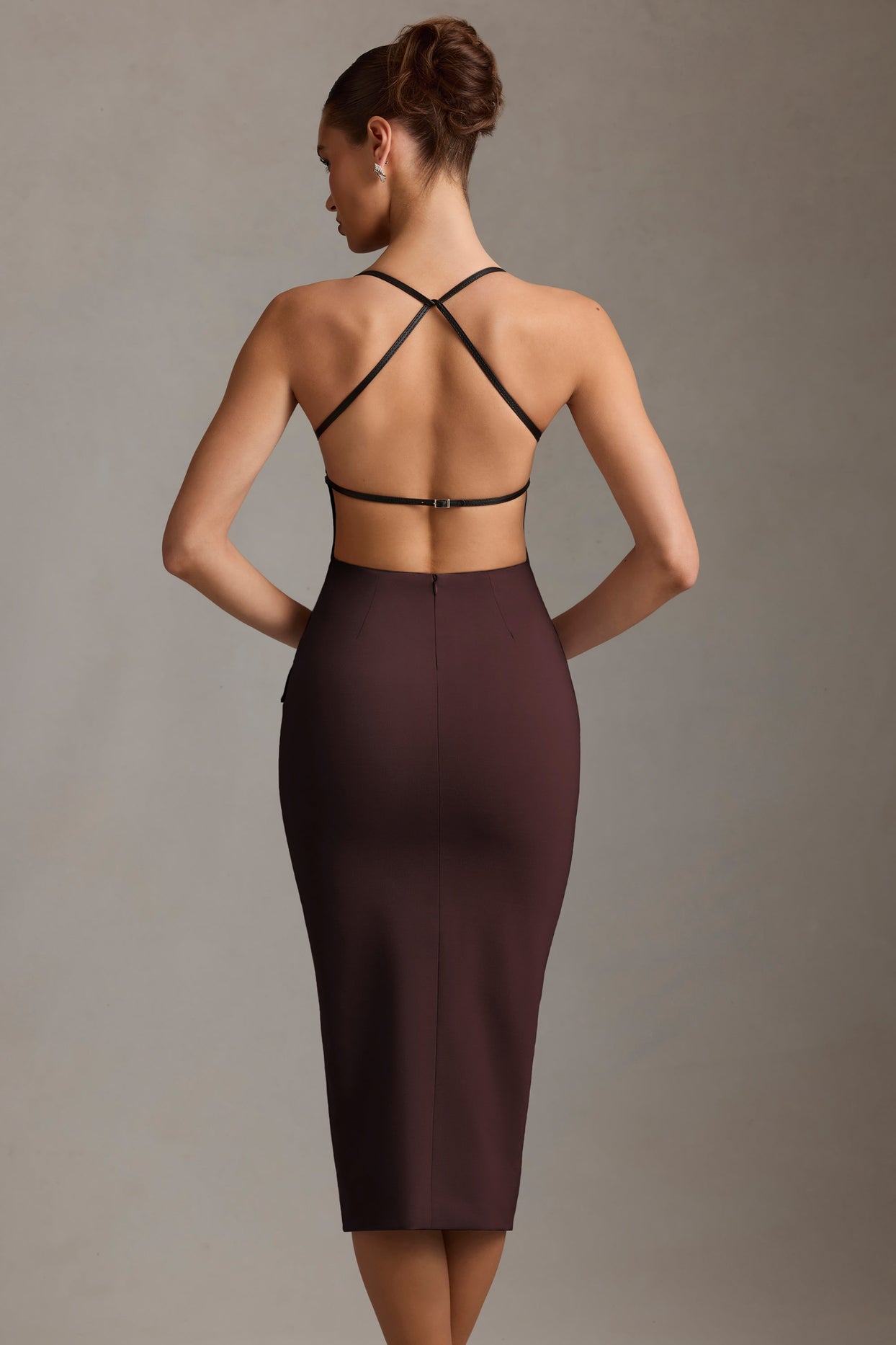 Plunge-Neck Backless Midaxi Dress in Chocolate Brown - 7