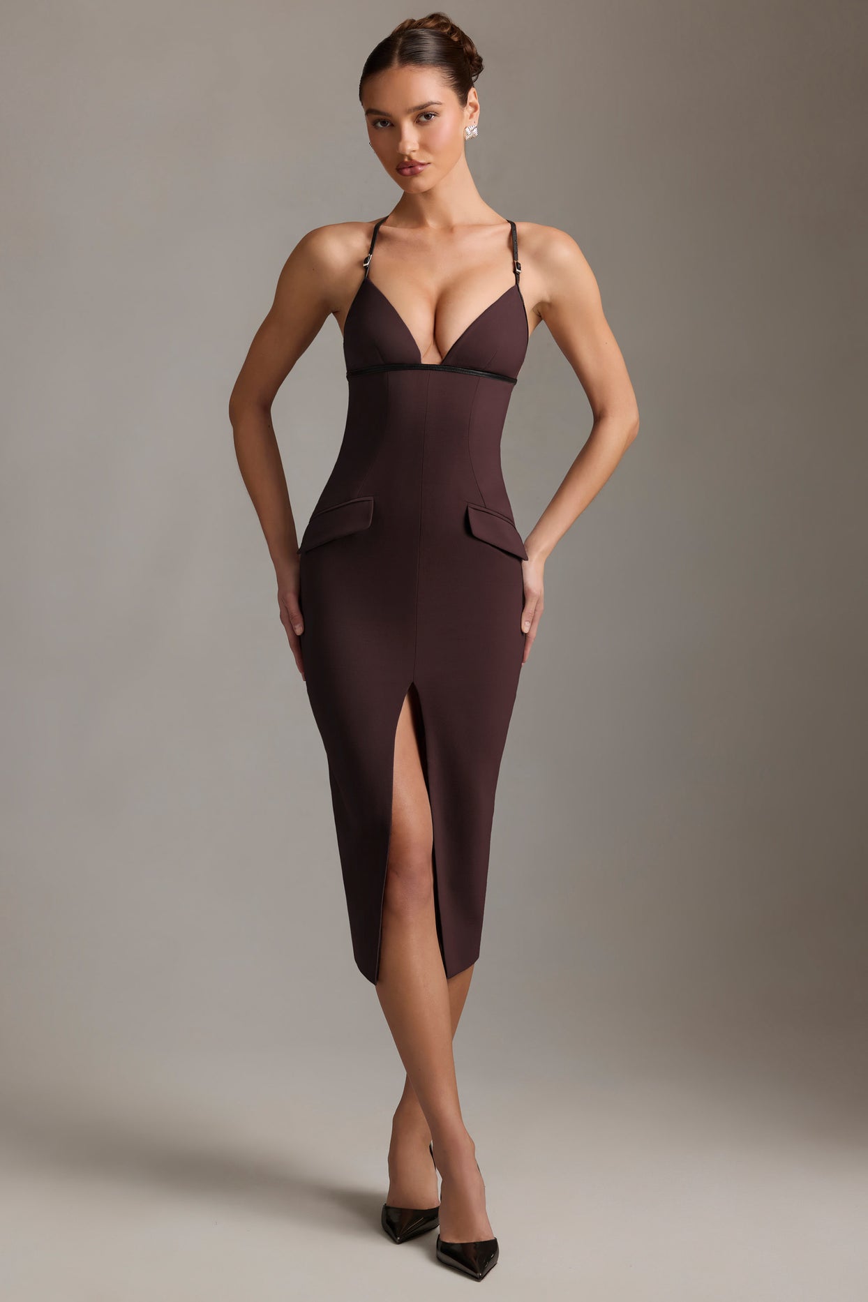 Plunge-Neck Backless Midaxi Dress in Chocolate Brown - 8