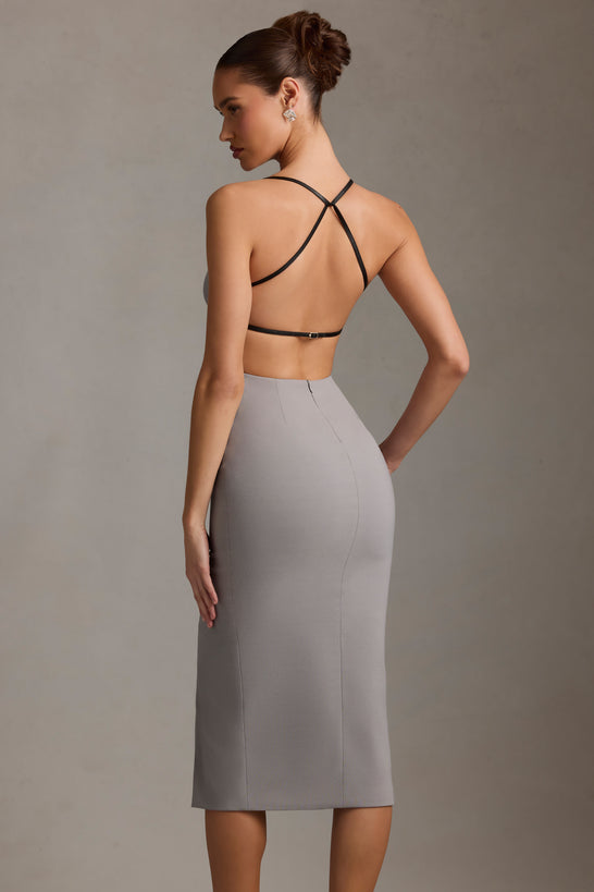 Plunge-Neck Backless Midaxi Dress in Grey