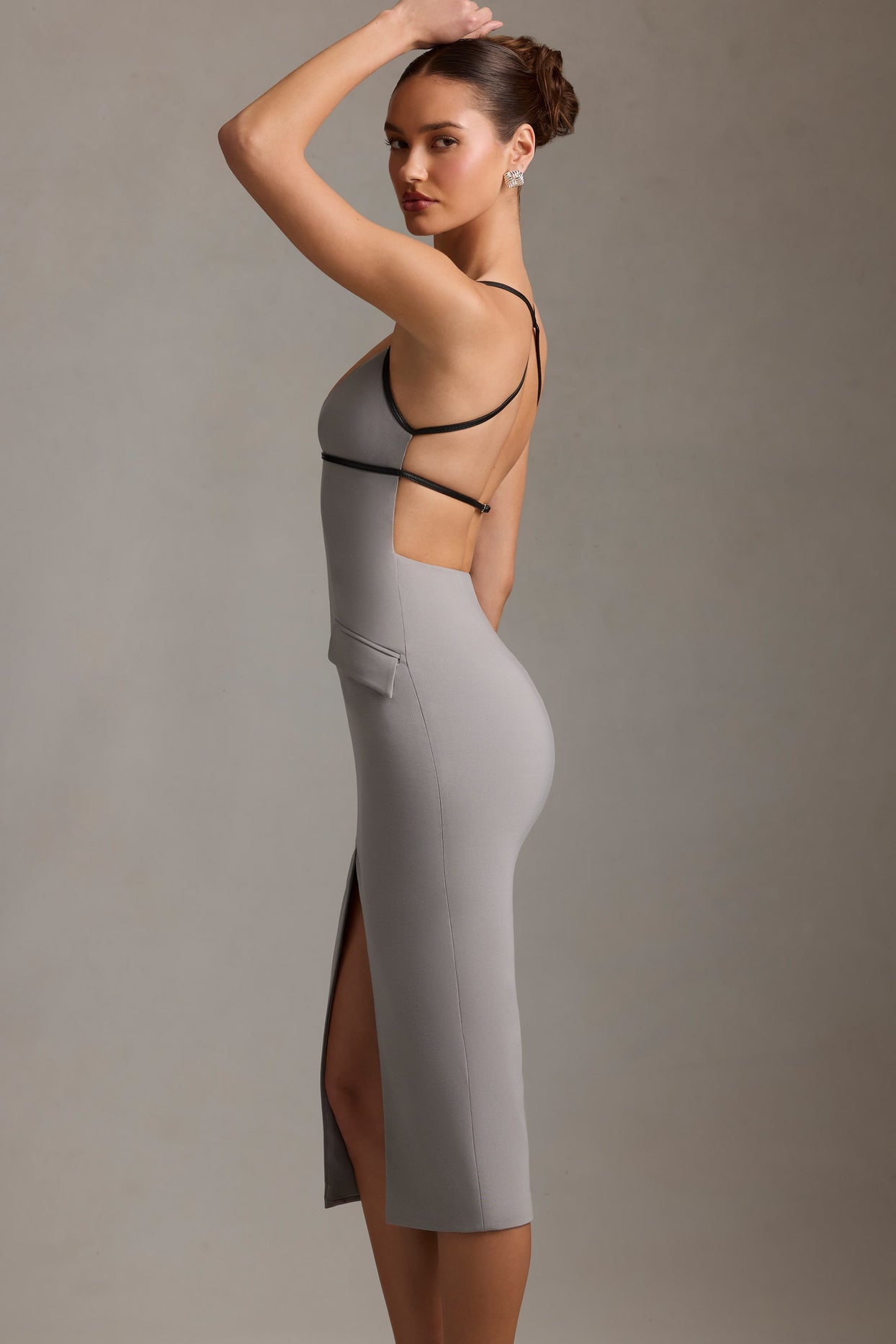 Plunge-Neck Backless Midaxi Dress in Grey - 3